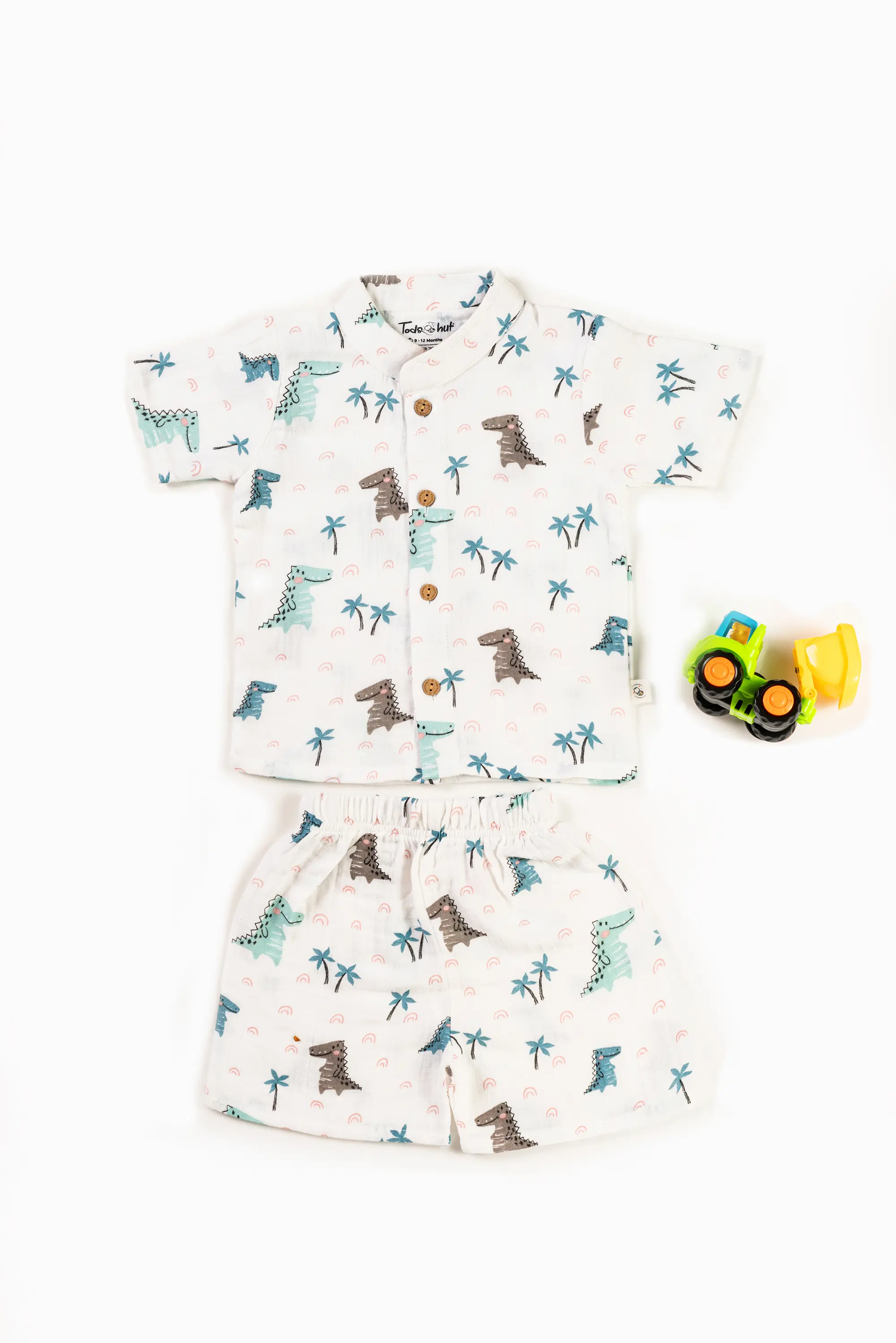 Crinkled Muslin Chinese Collar Half-Sleeve Co-Ords Set