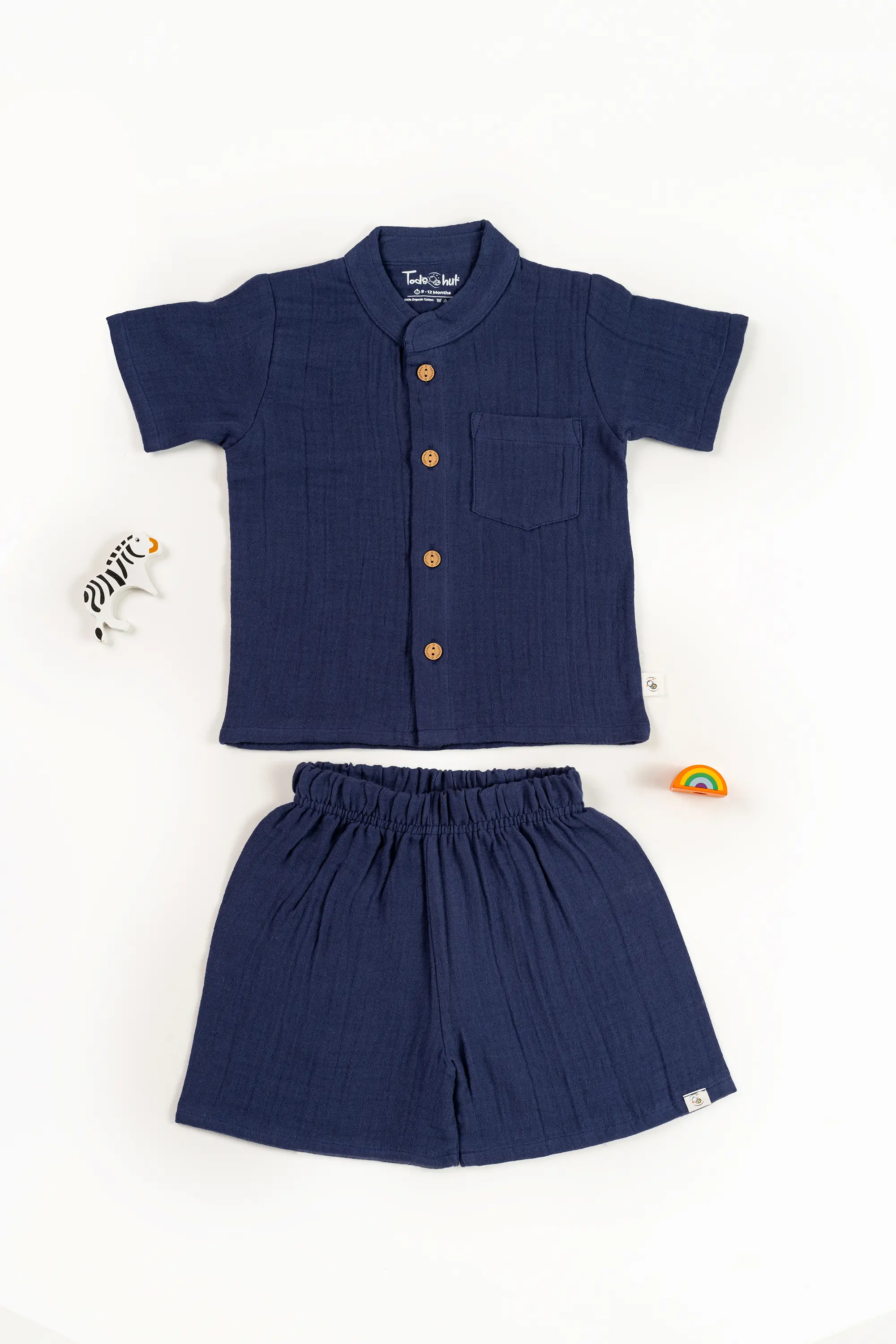 Crinkled Muslin Chinese Collar Half-Sleeve Co-Ords Set