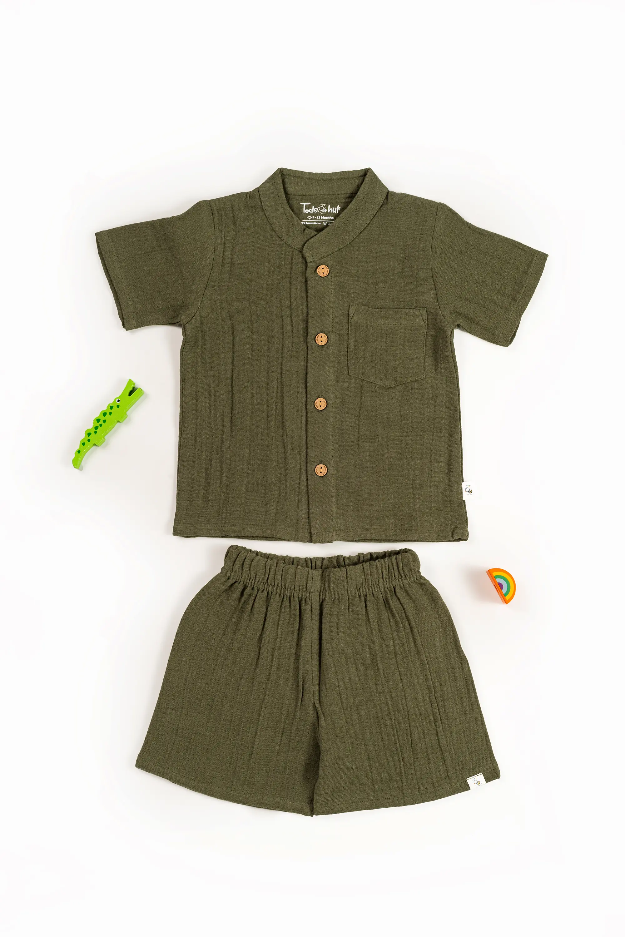 Crinkled Muslin Chinese Collar Half-Sleeve Co-Ords Set