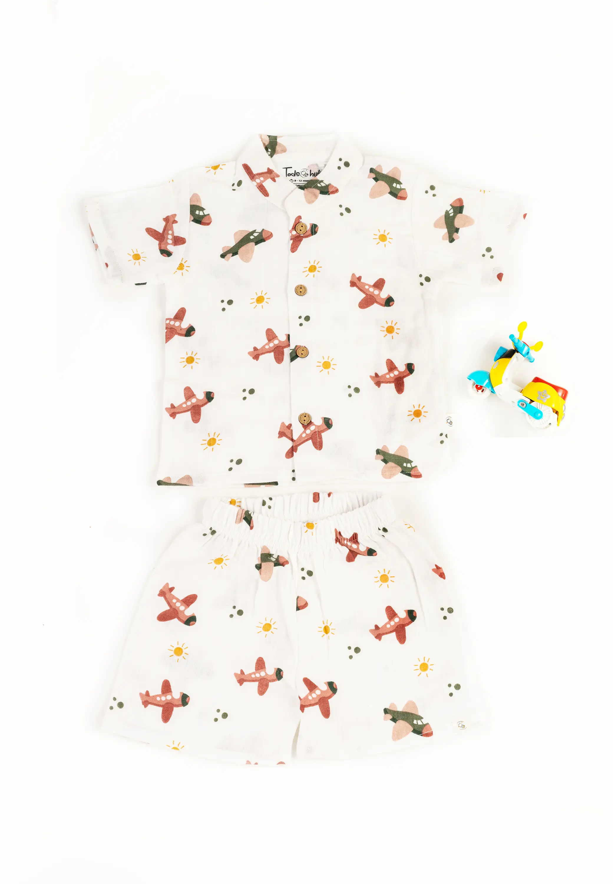 Crinkled Muslin Chinese Collar Half-Sleeve Co-Ords Set