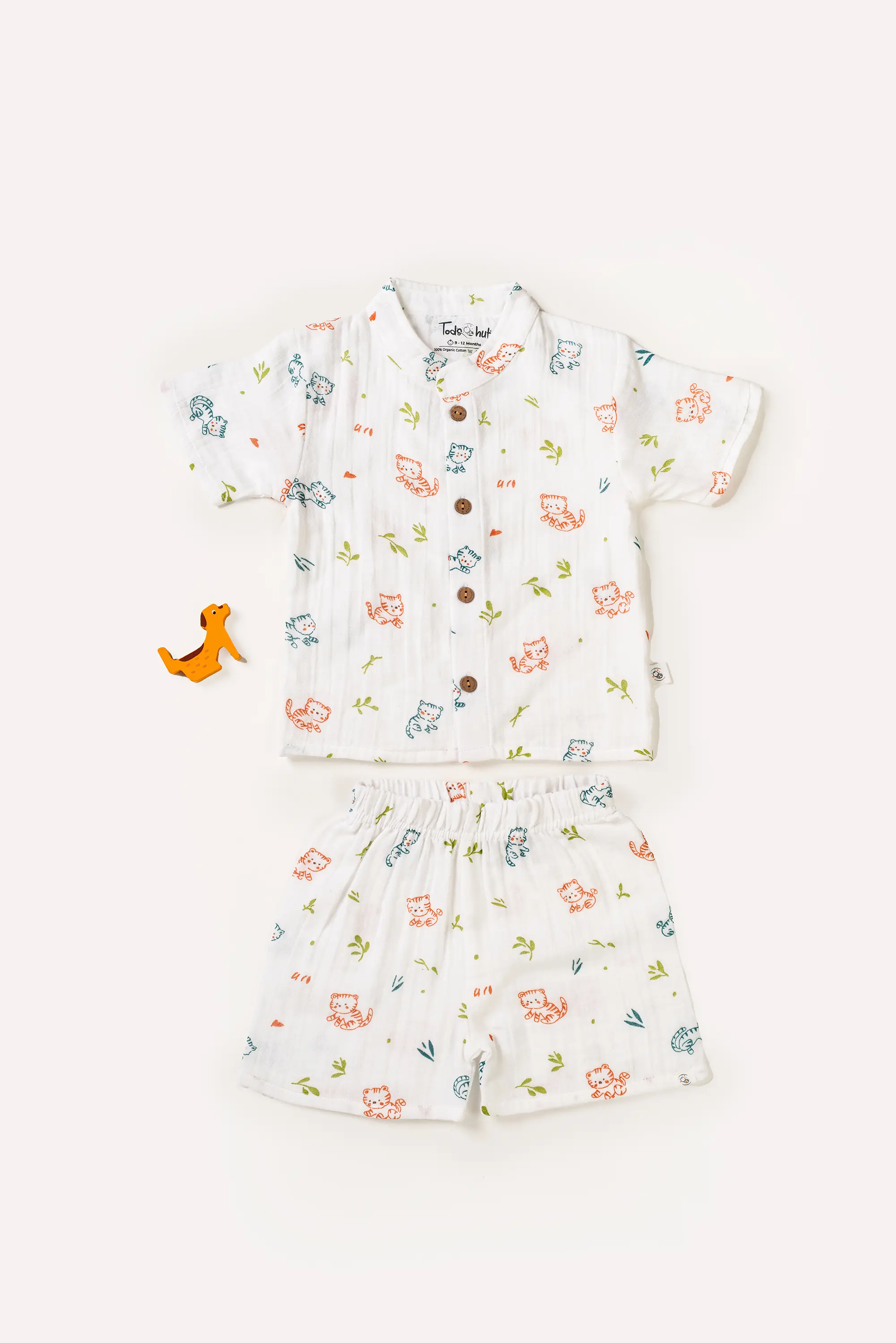 Crinkled Muslin Chinese Collar Half-Sleeve Co-Ords Set