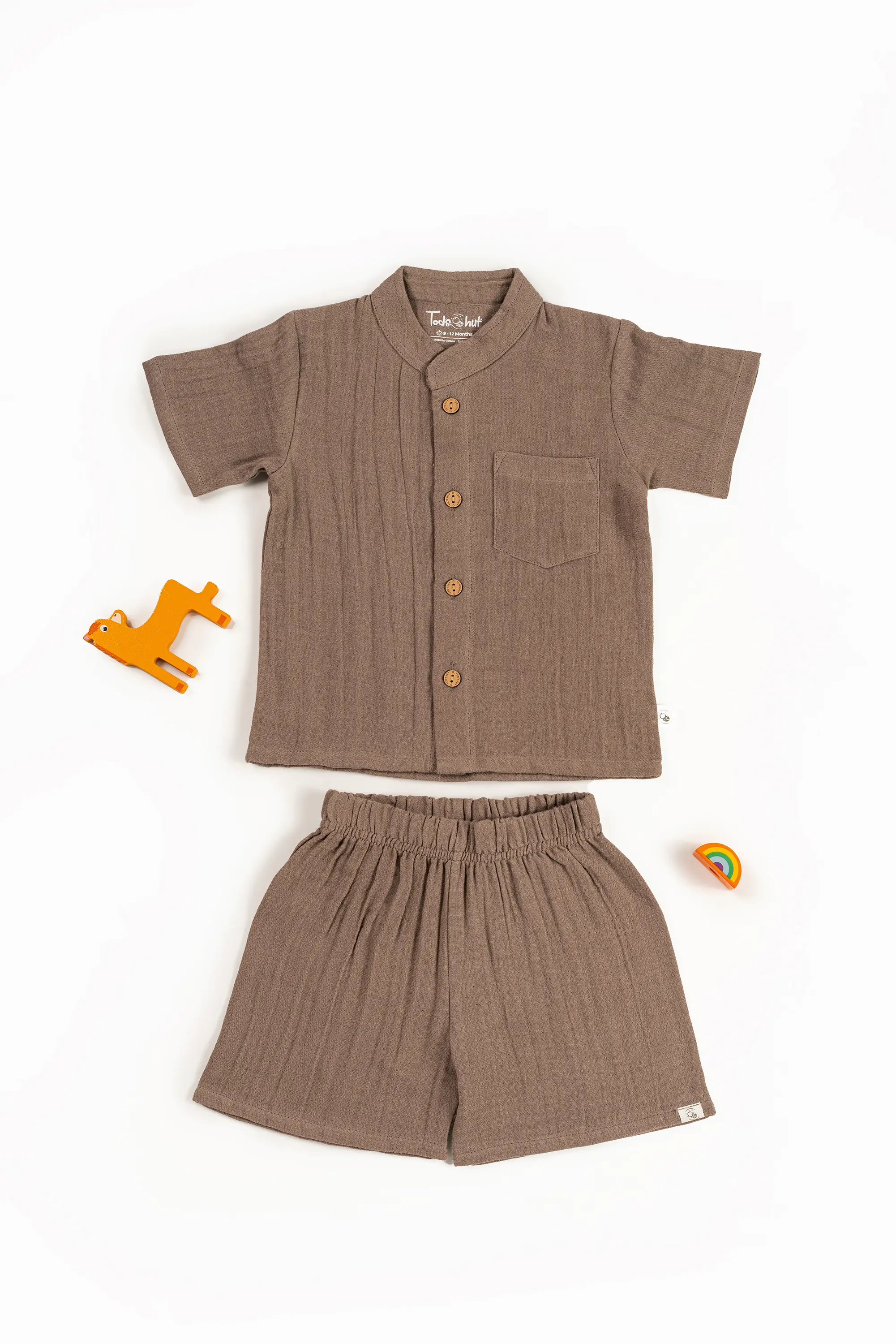 Crinkled Muslin Chinese Collar Half-Sleeve Co-Ords Set