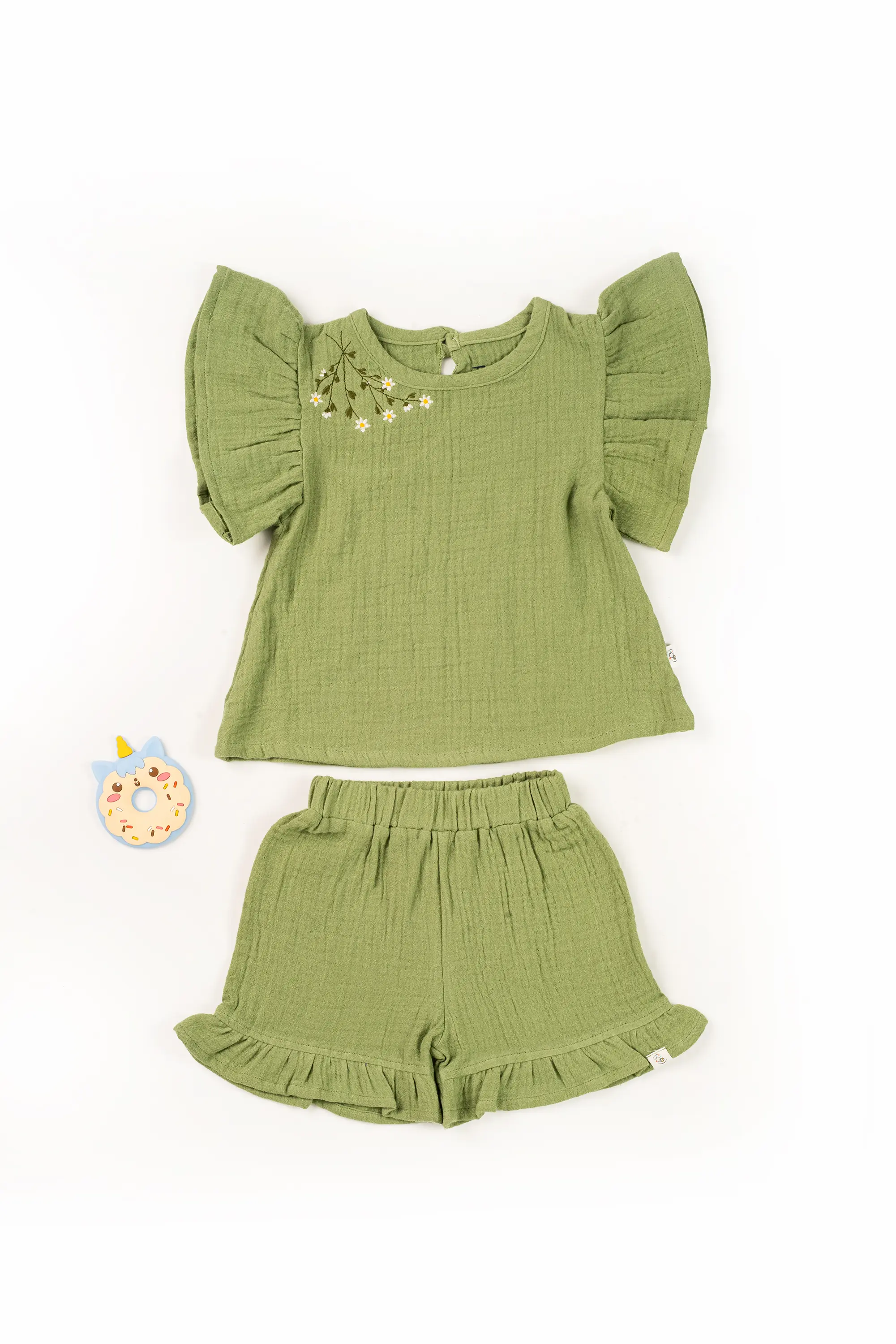 Crinkled Muslin Boat Neck Frill-Sleeve Co-Ords Set