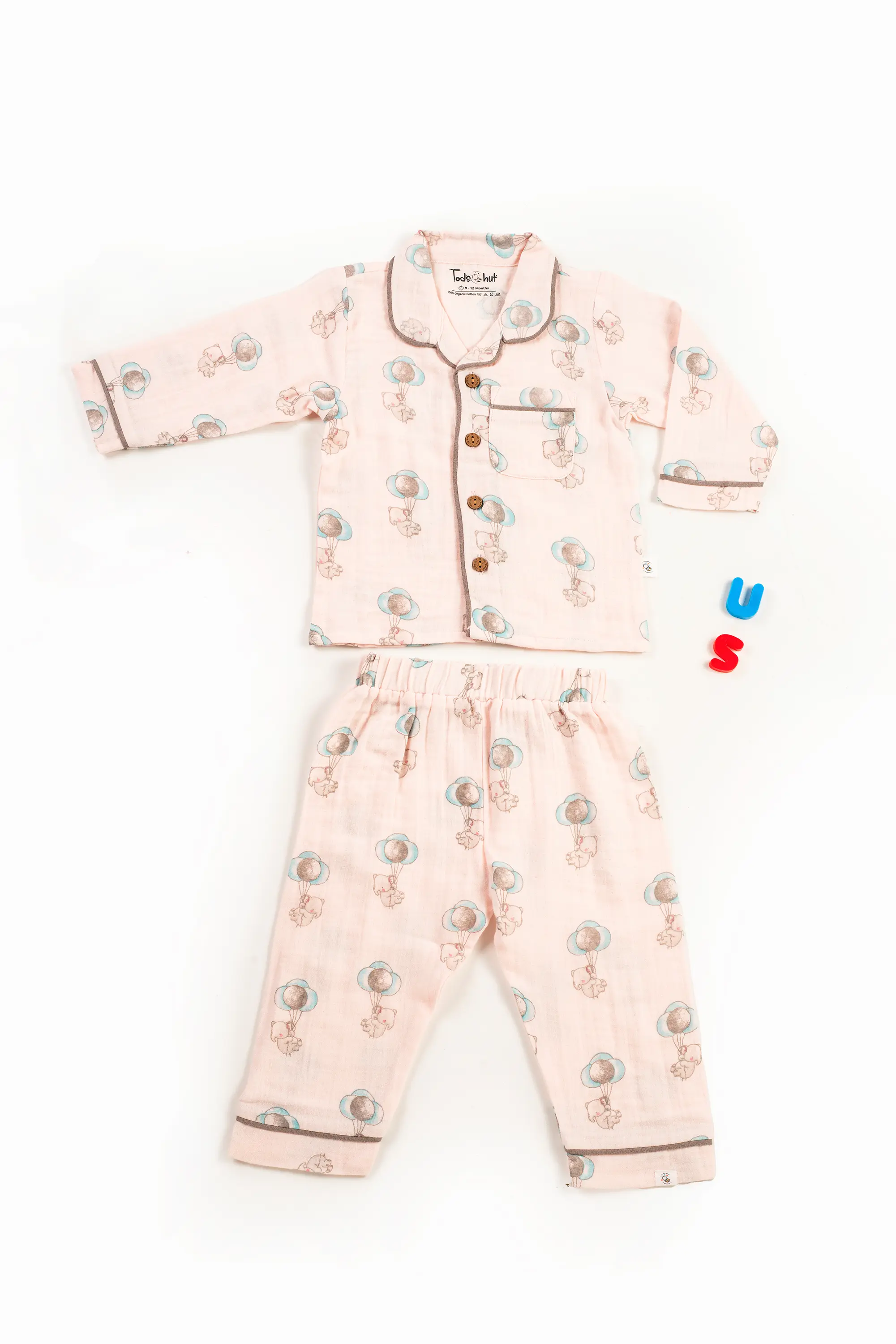 Crinkled Muslin Unisex Collar  Full-Sleeve Pyjama Set