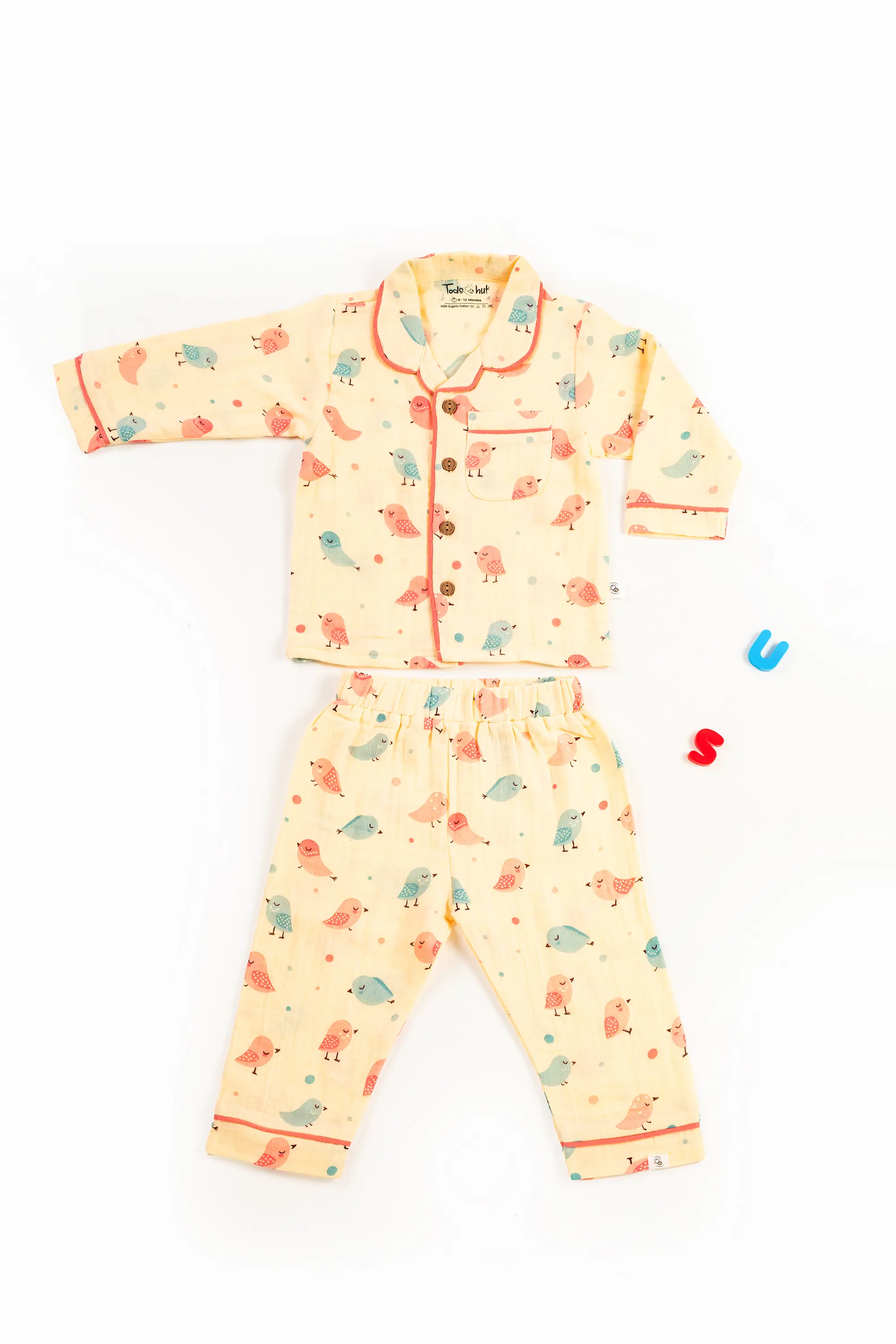 Crinkled Muslin Unisex Collar  Full-Sleeve Pyjama Set