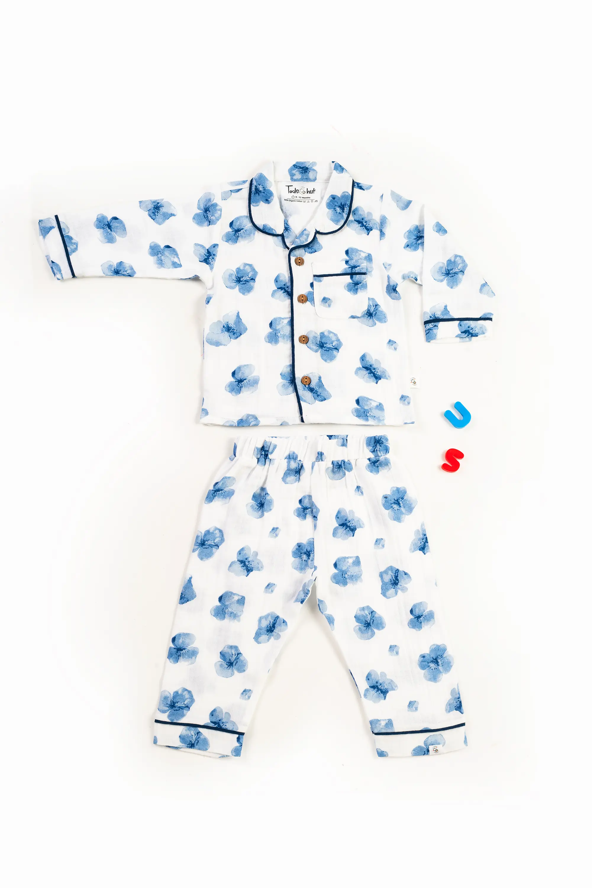 Crinkled Muslin Unisex Collar  Full-Sleeve Pyjama Set