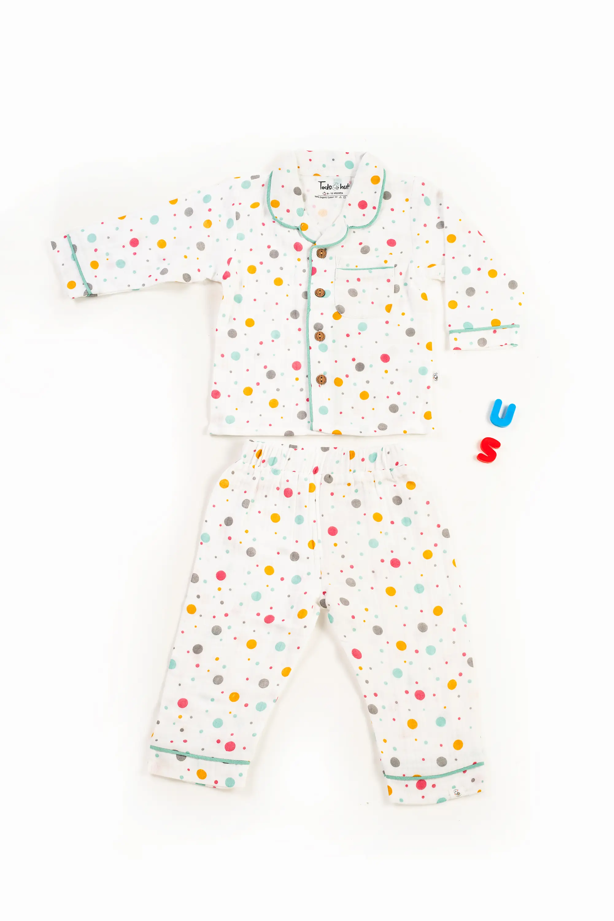 Crinkled Muslin Unisex Collar  Full-Sleeve Pyjama Set