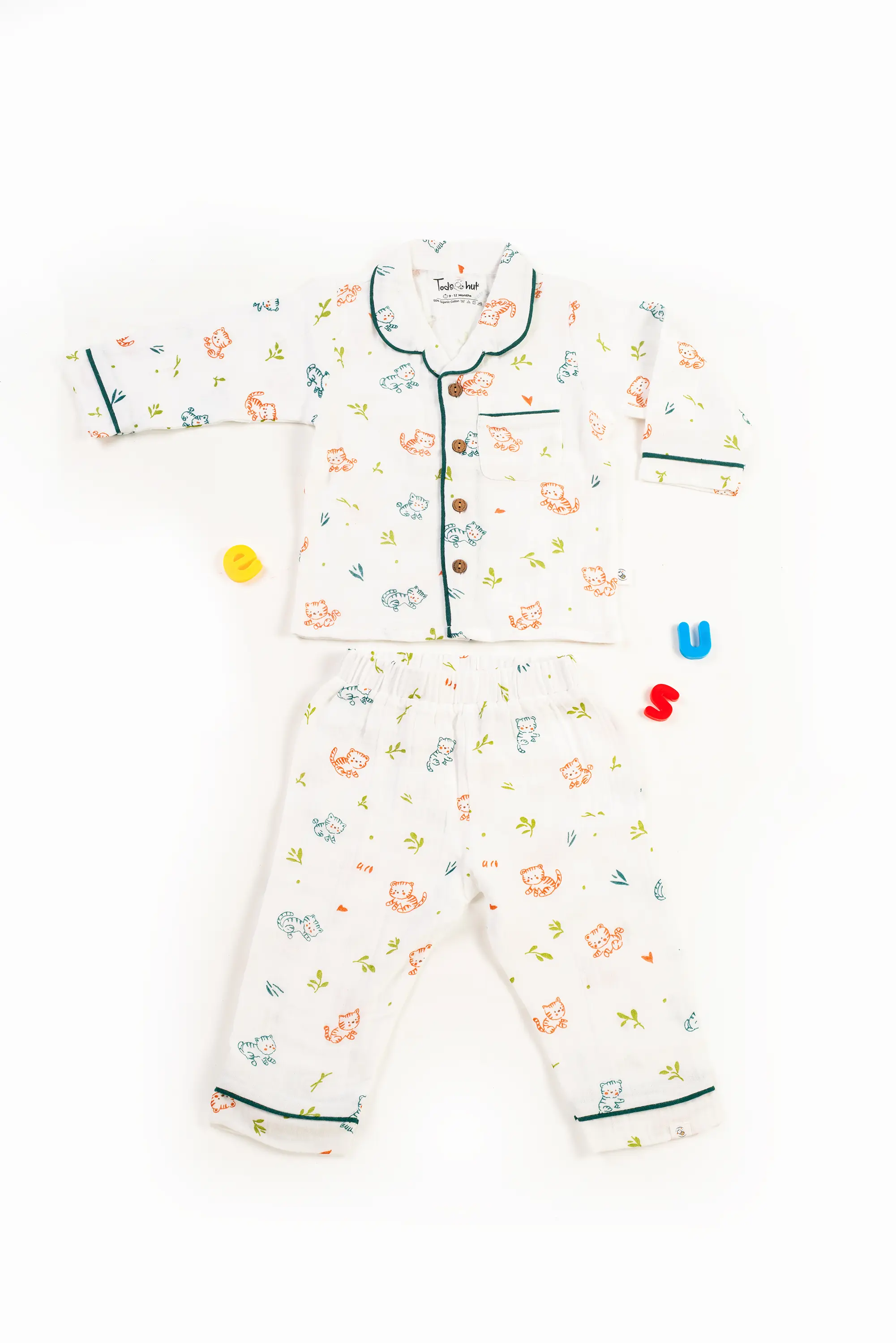 Crinkled Muslin Unisex Collar  Full-Sleeve Pyjama Set