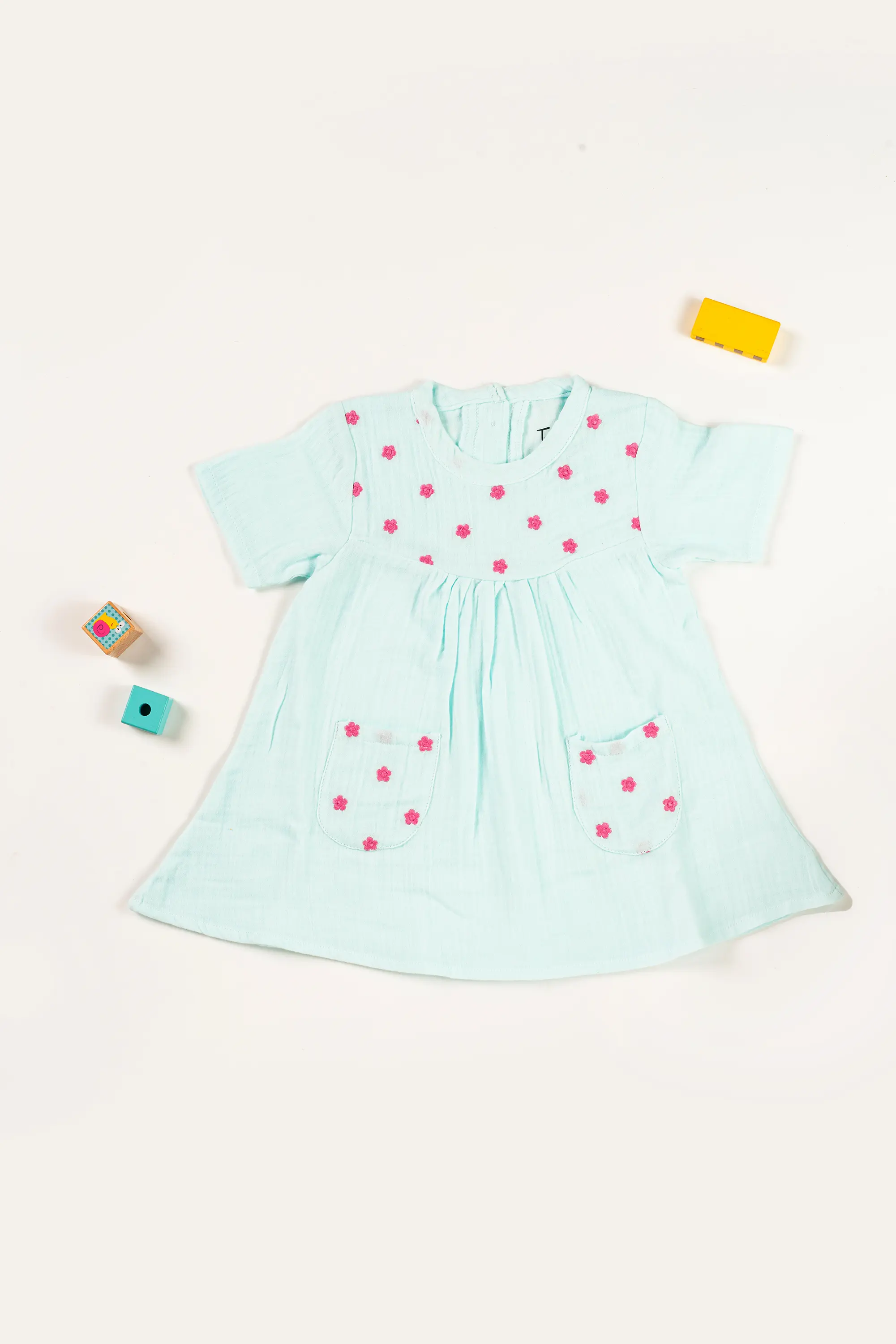 Crinkled Muslin Round Collar A-Line Half-Sleeve Frock