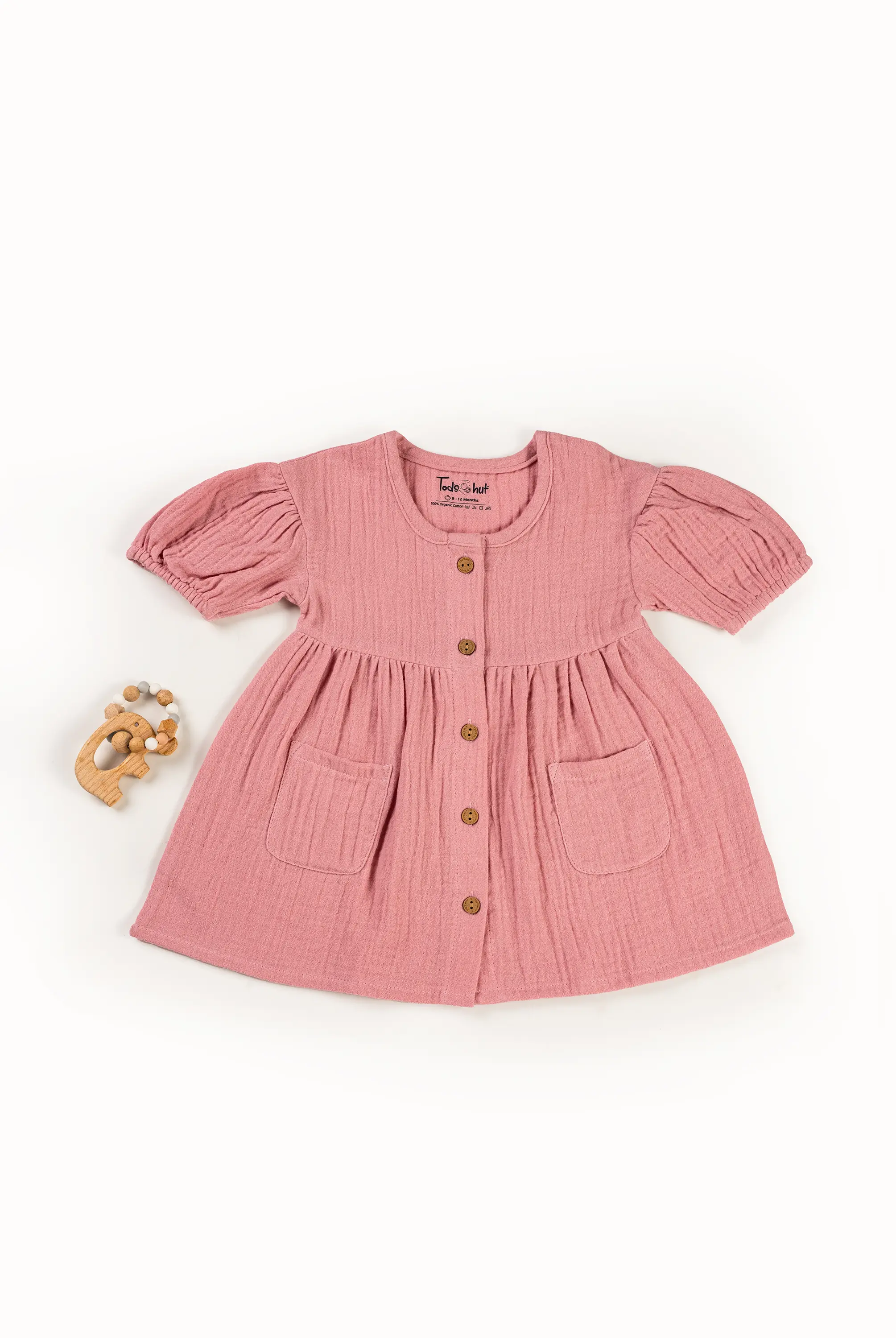 Crinkled Muslin Round Collar Puff-Sleeve Button Type Frock