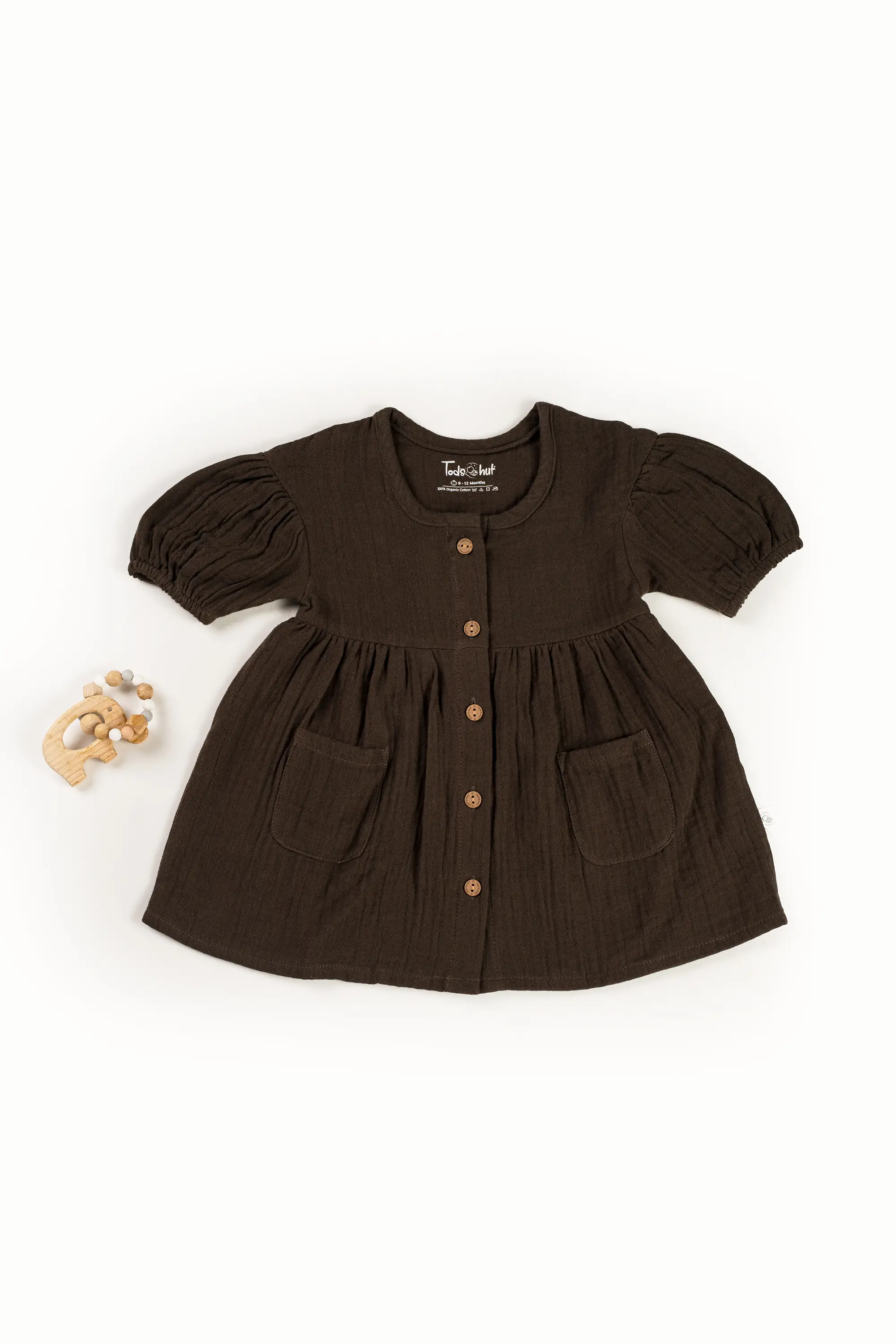 Crinkled Muslin Round Collar Puff-Sleeve Button Type Frock