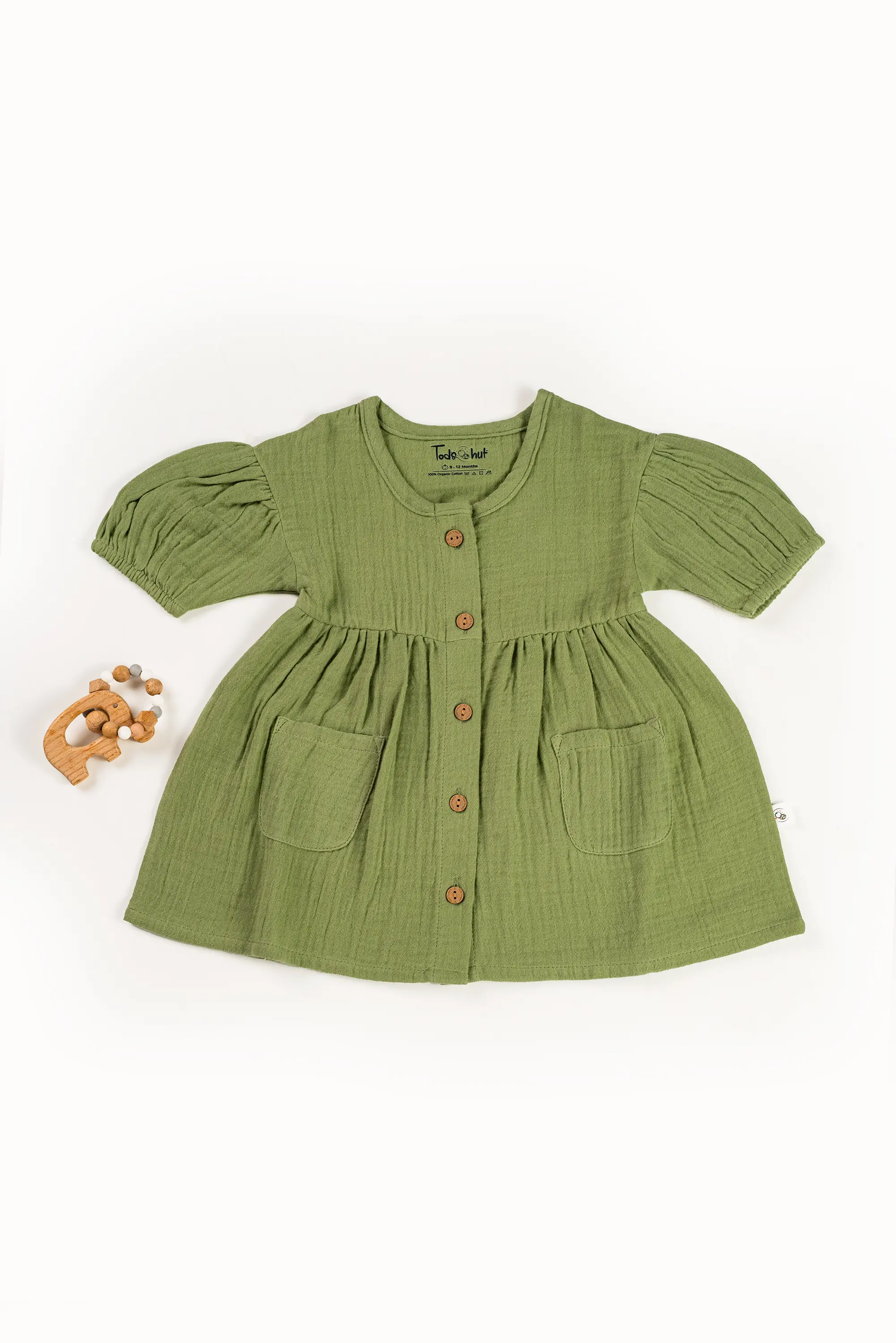 Crinkled Muslin Round Collar Puff-Sleeve Button Type Frock