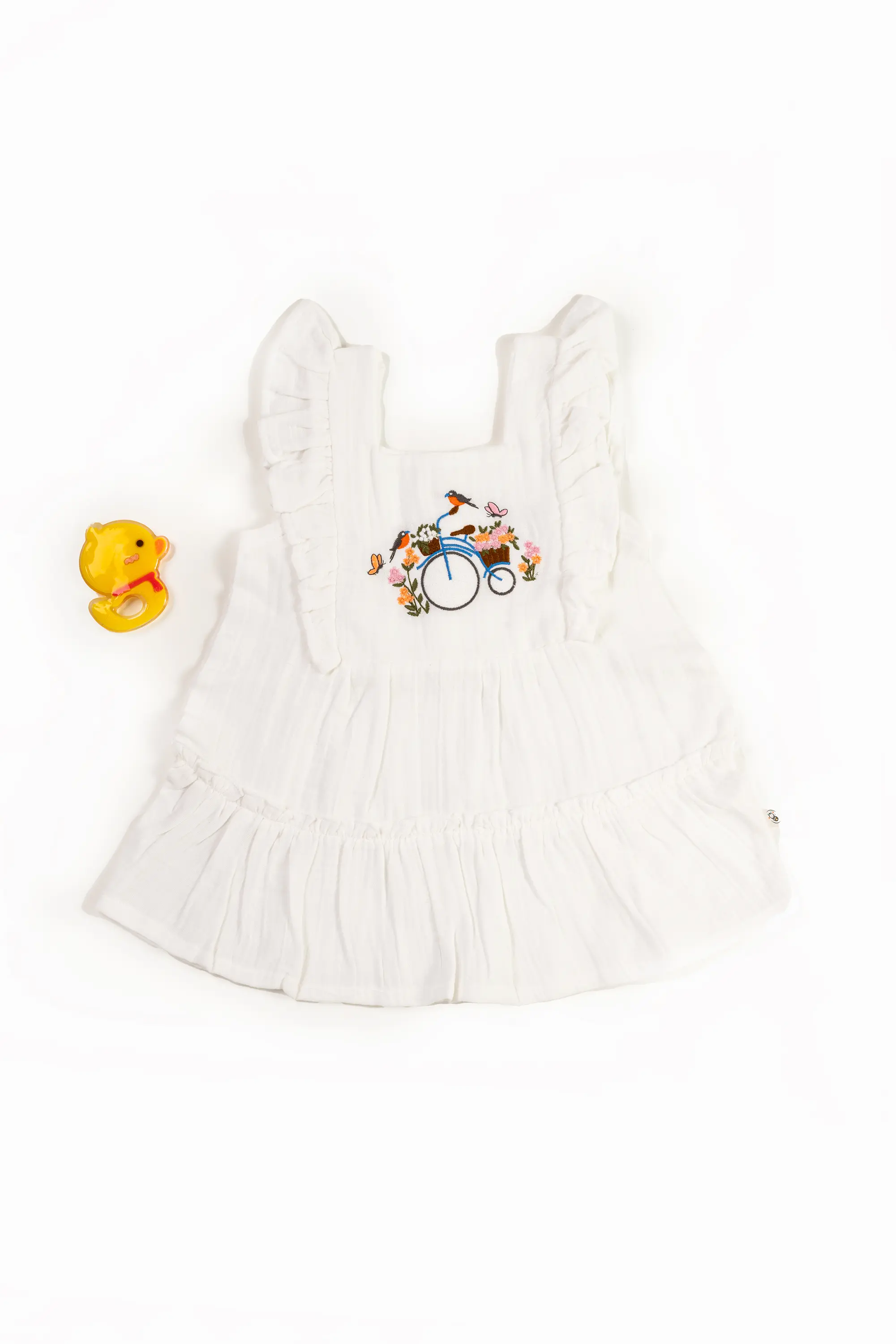 Crinkled Muslin Square Neck Frill-Type Sleeveless Frock
