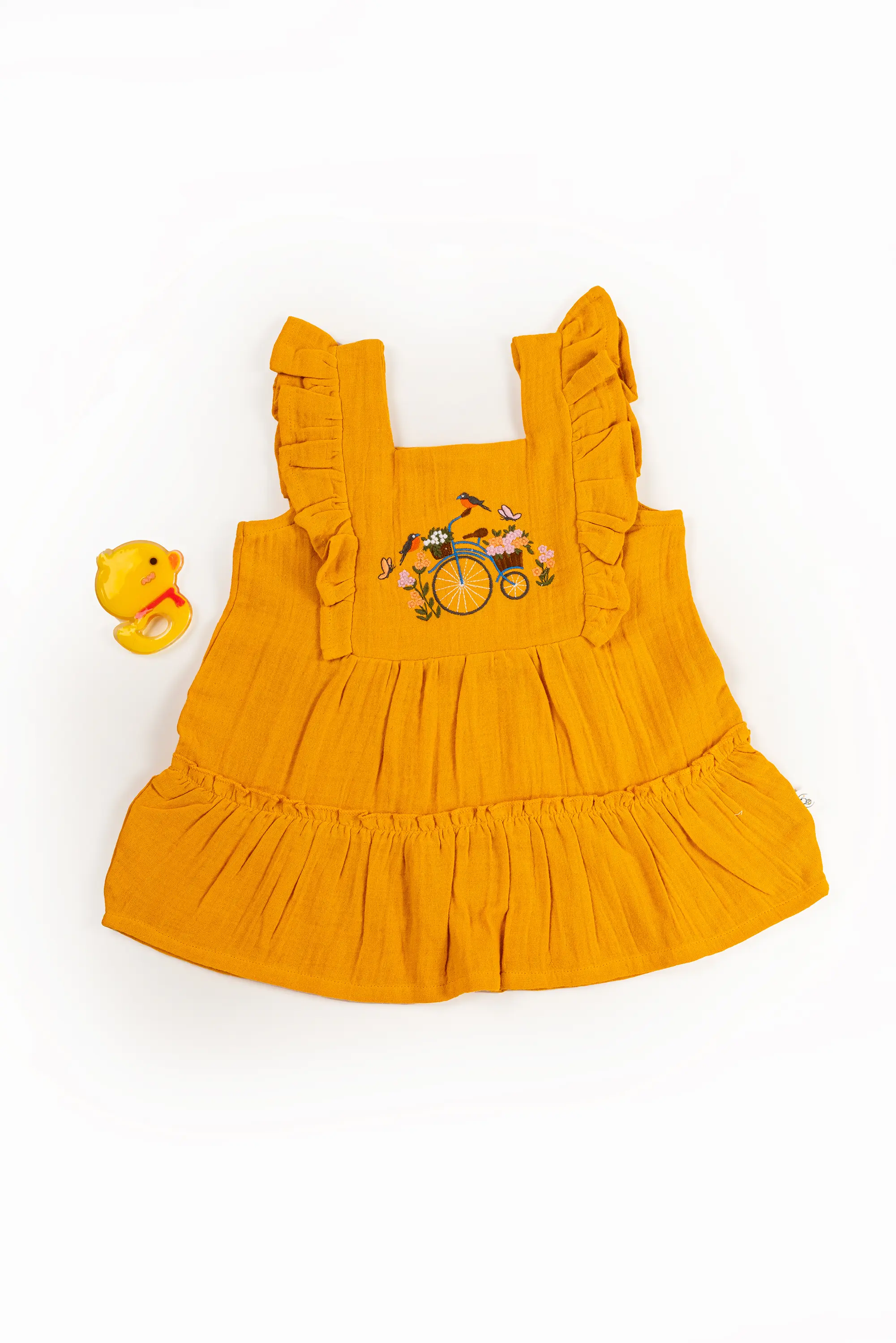 Crinkled Muslin Square Neck Frill-Type Sleeveless Frock