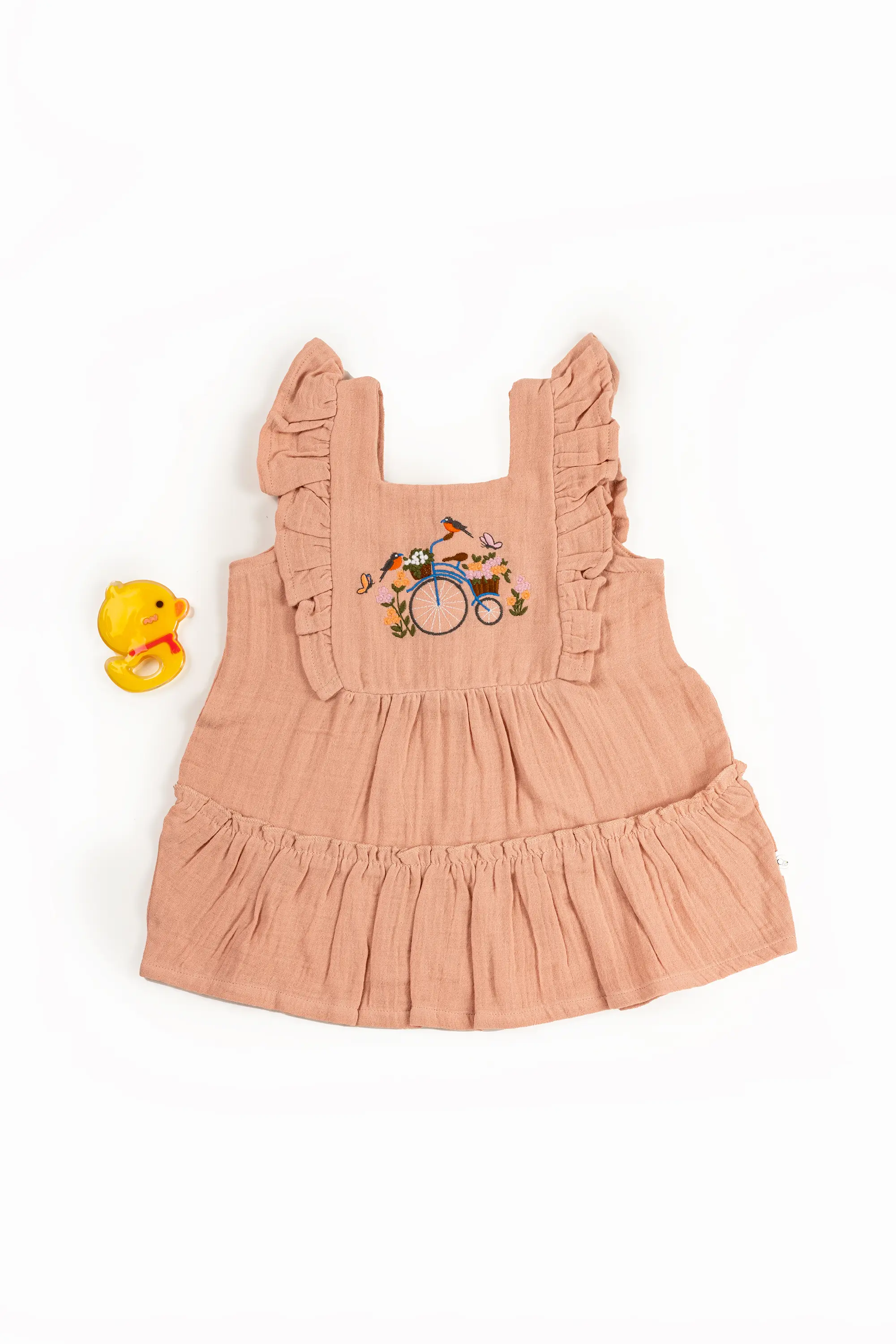 Crinkled Muslin Square Neck Frill-Type Sleeveless Frock