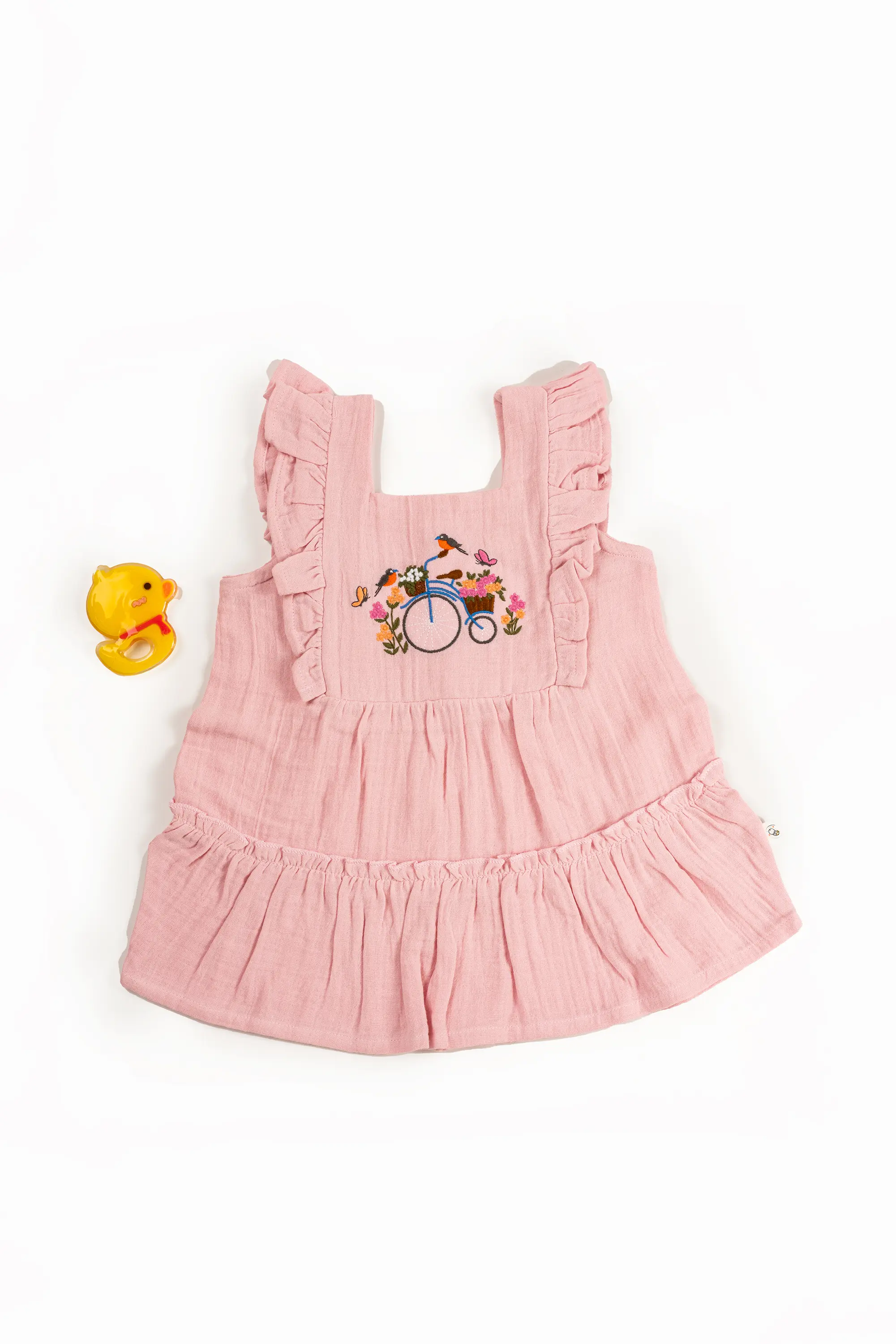 Crinkled Muslin Square Neck Frill-Type Sleeveless Frock