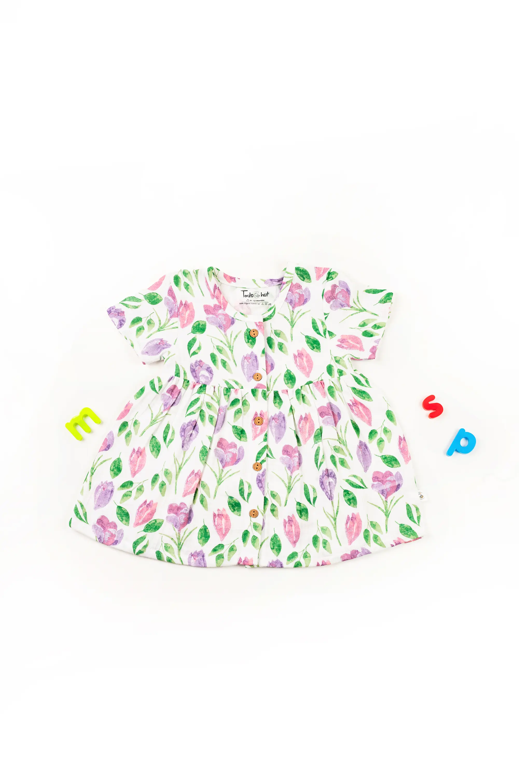 Crinkled Muslin Round Collar Half-Sleeve Button Type Frock