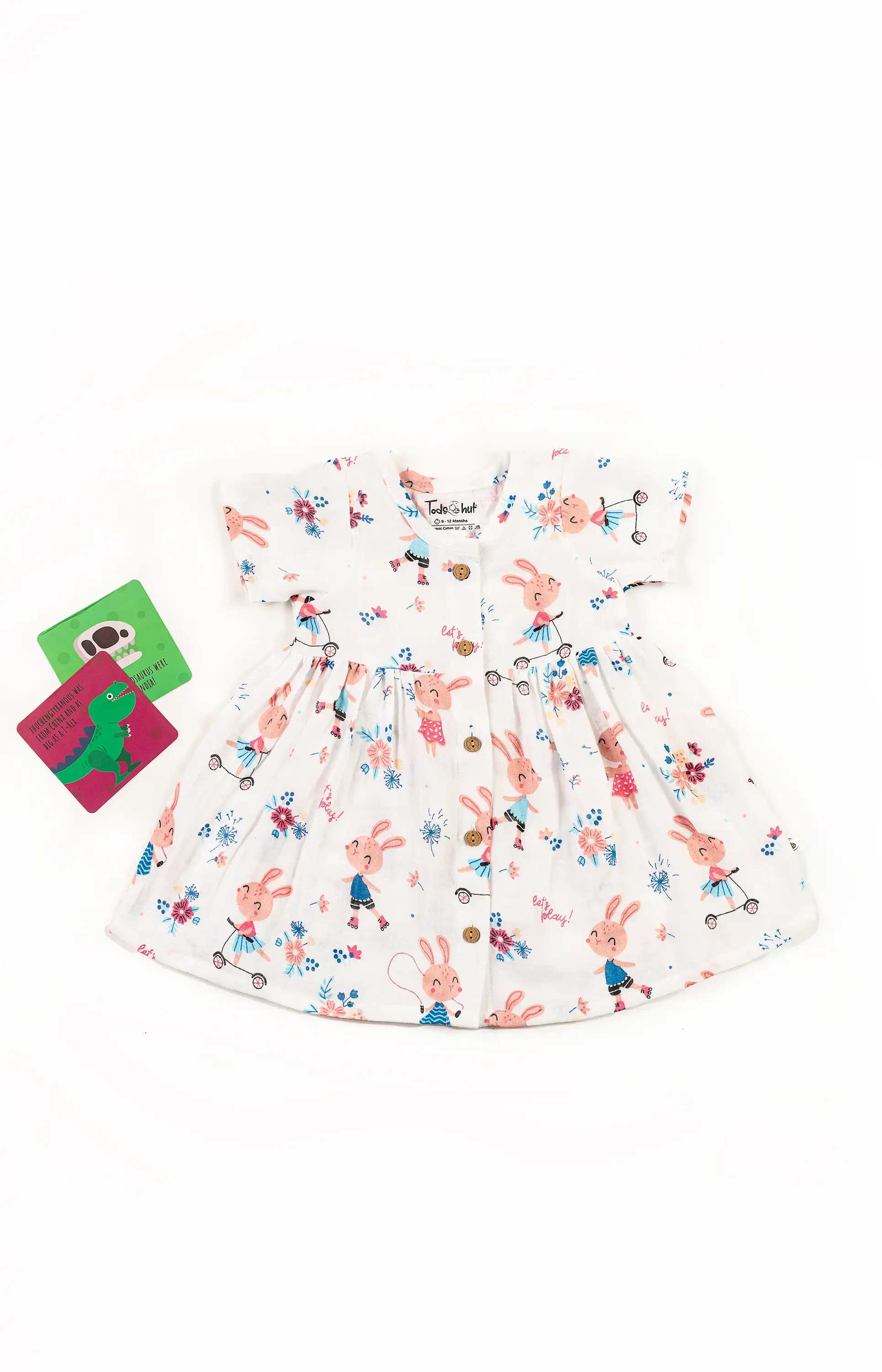 Crinkled Muslin Round Collar Half-Sleeve Button Type Frock