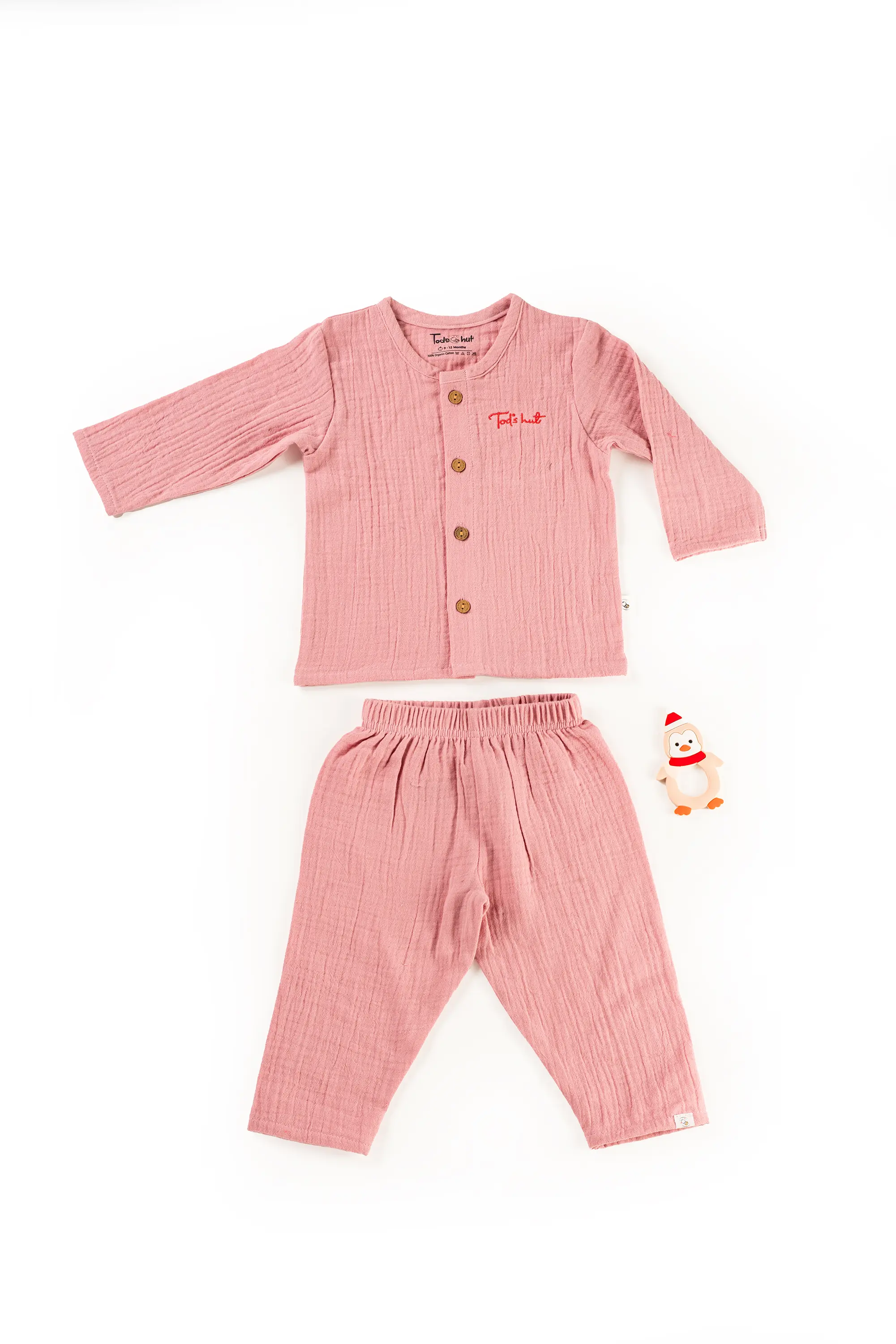 Crinkled Muslin Round Collar Unisex Full-Sleeve Night Dress Set