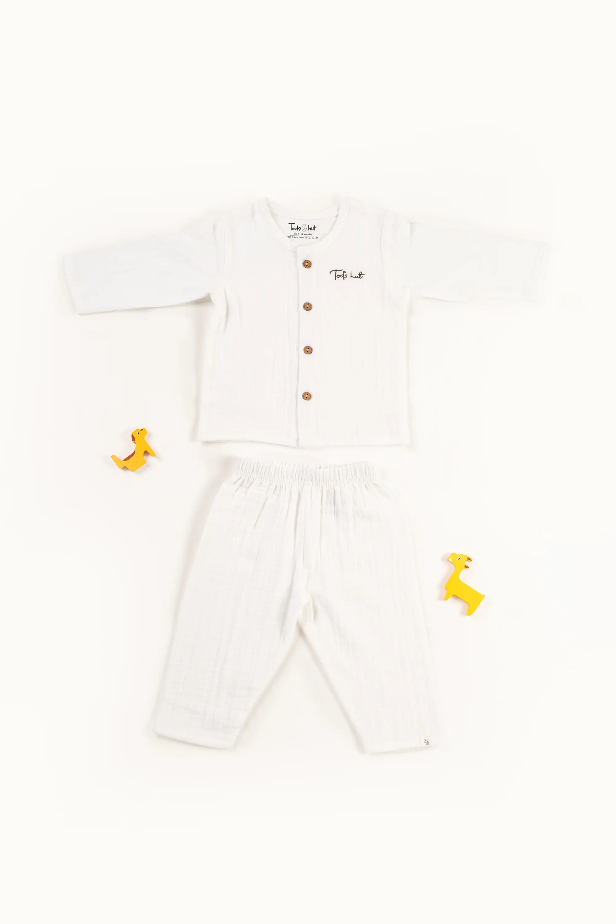 Crinkled Muslin Round Collar Unisex Full-Sleeve Night Dress Set