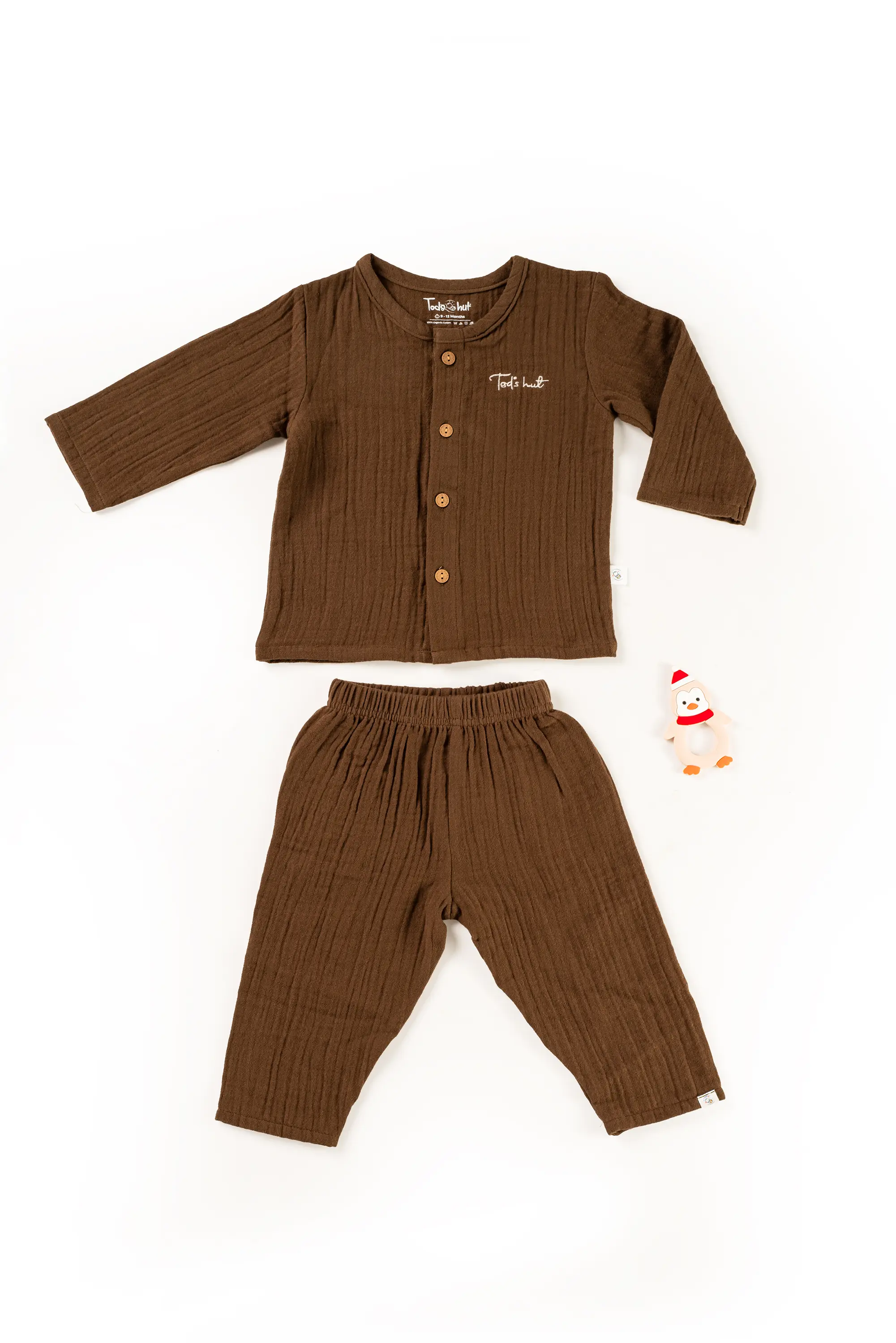 Crinkled Muslin Round Collar Unisex Full-Sleeve Night Dress Set