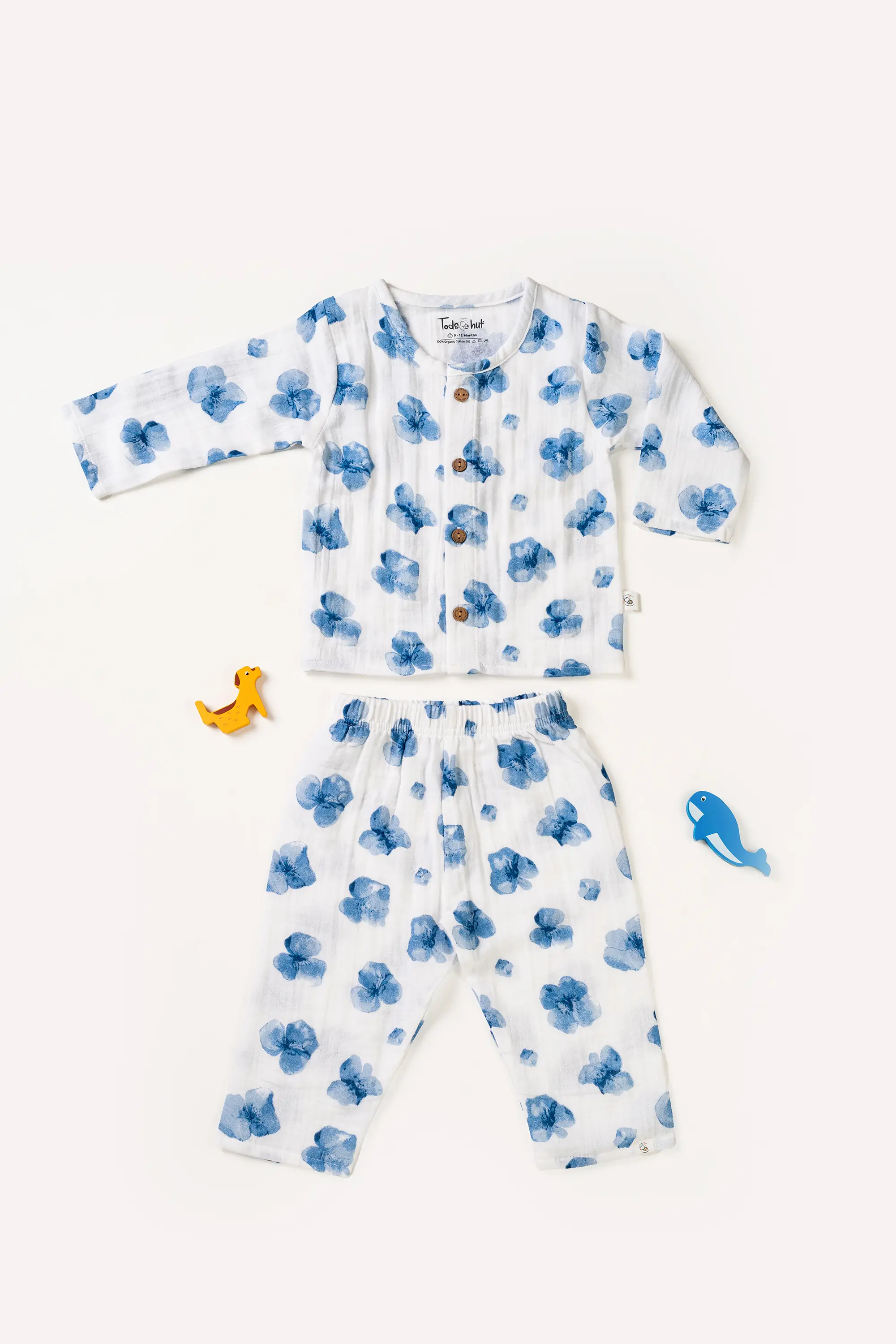 Crinkled Muslin Round Collar Unisex Full-Sleeve Night Dress Set