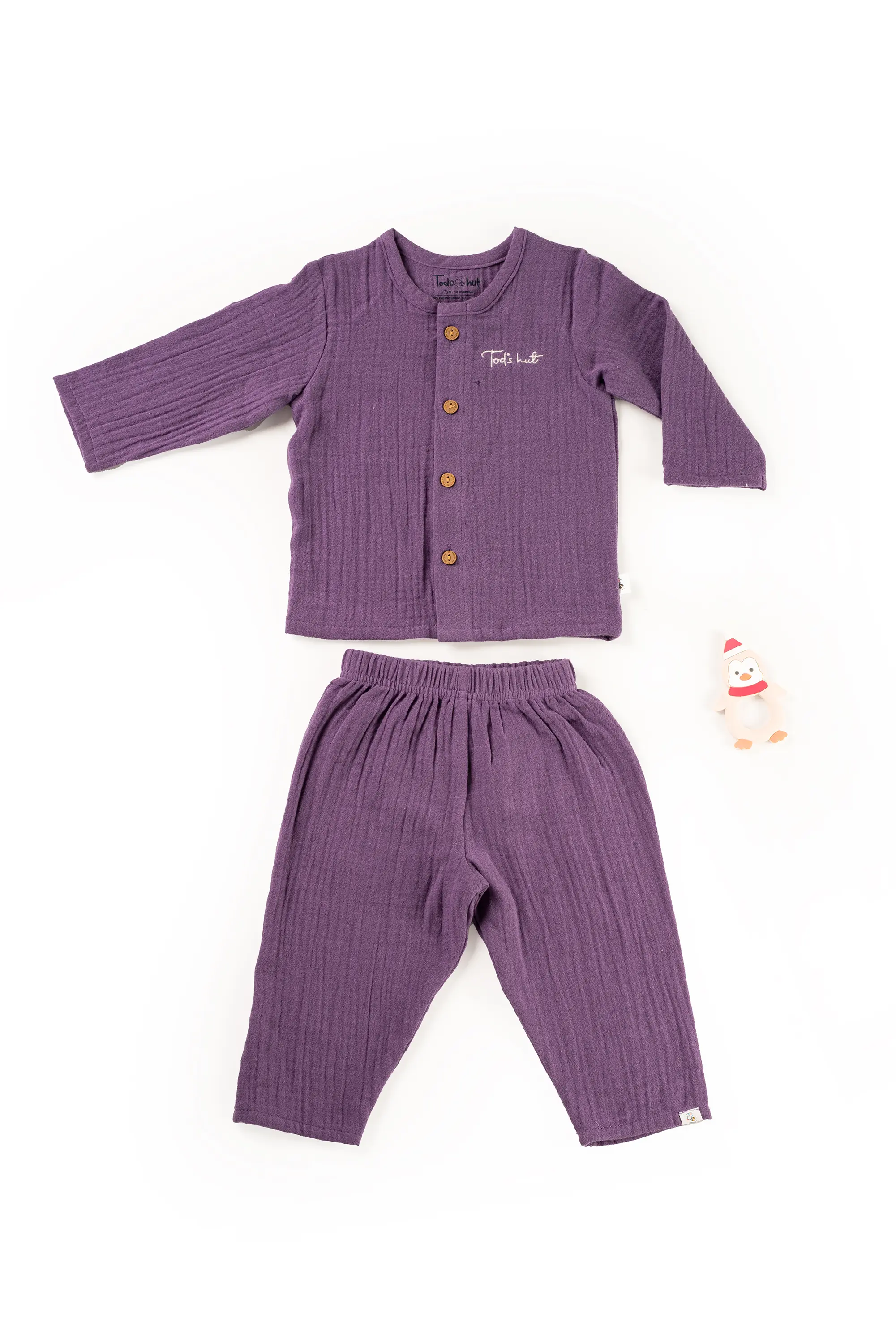 Crinkled Muslin Round Collar Unisex Full-Sleeve Night Dress Set