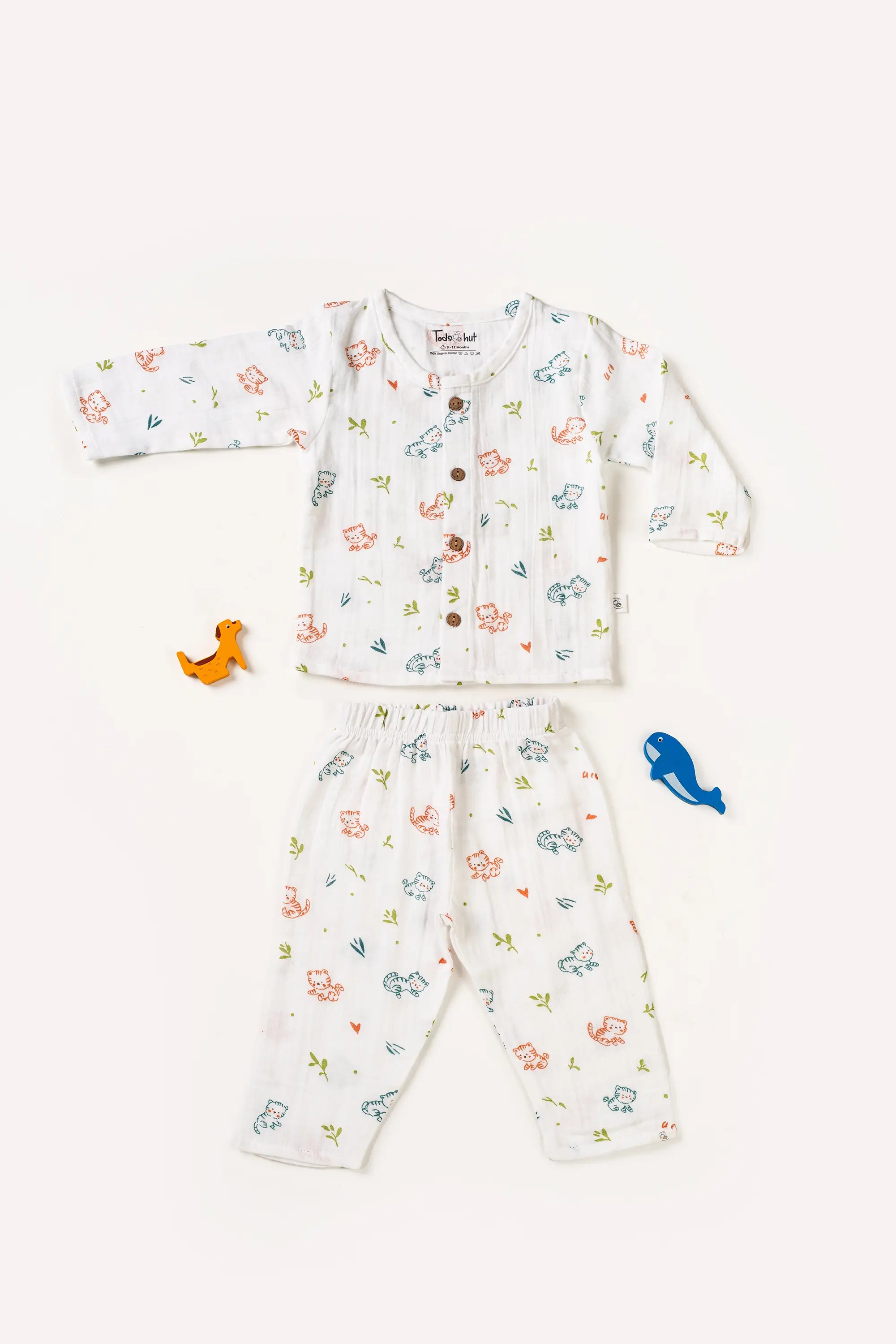 Crinkled Muslin Round Collar Unisex Full-Sleeve Night Dress Set