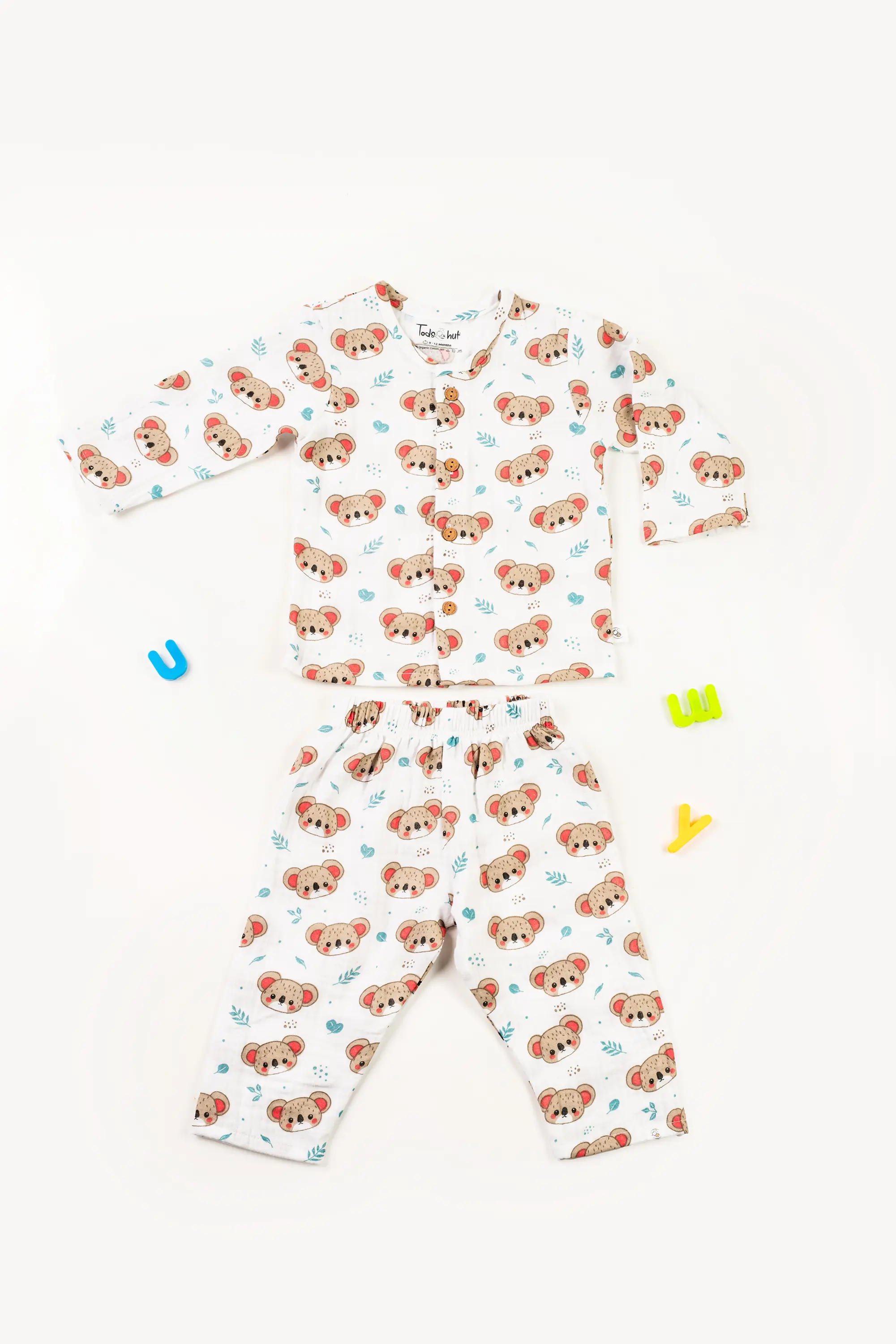 Crinkled Muslin Round Collar Unisex Full-Sleeve Night Dress Set