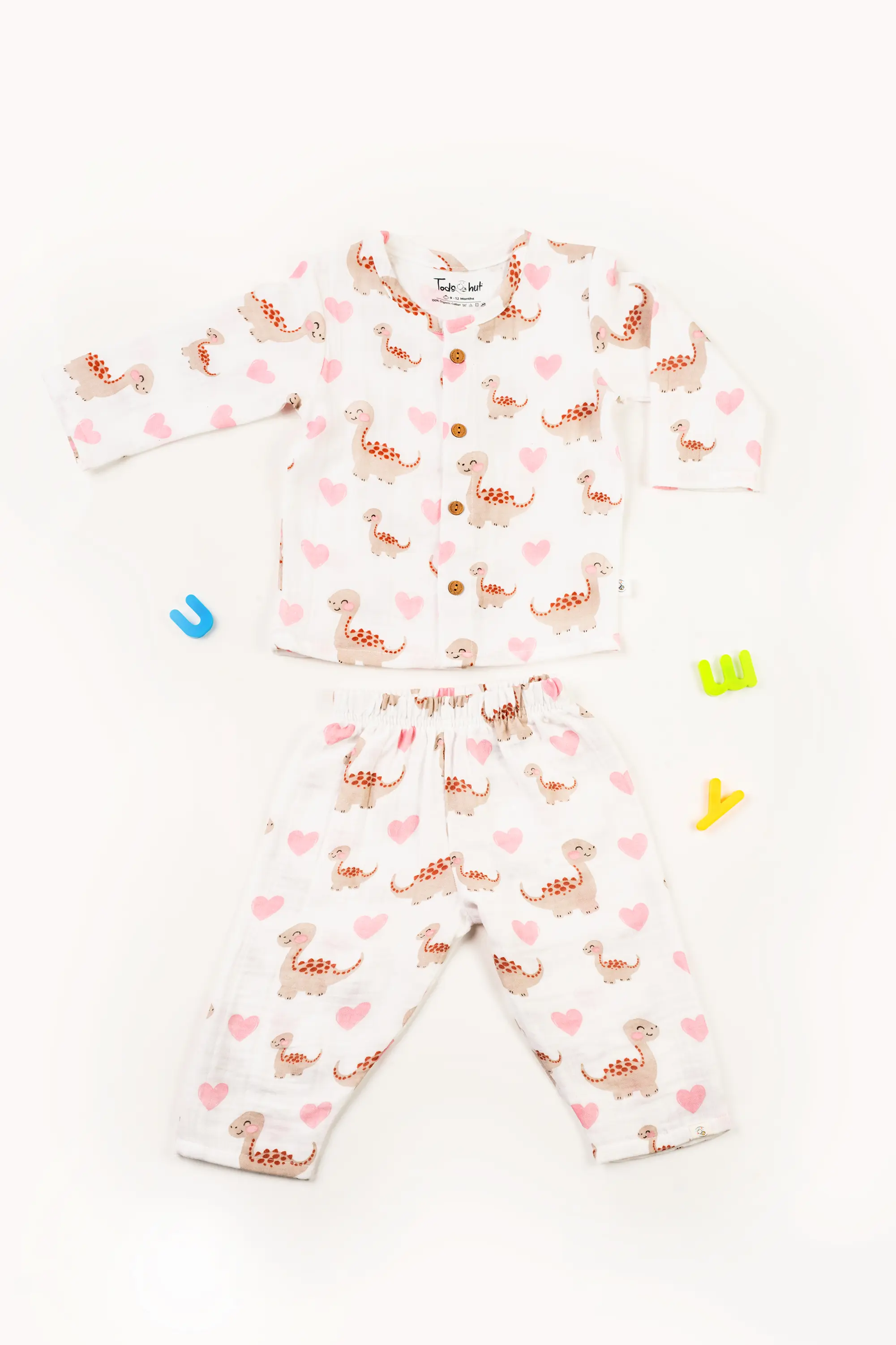 Crinkled Muslin Round Collar Unisex Full-Sleeve Night Dress Set