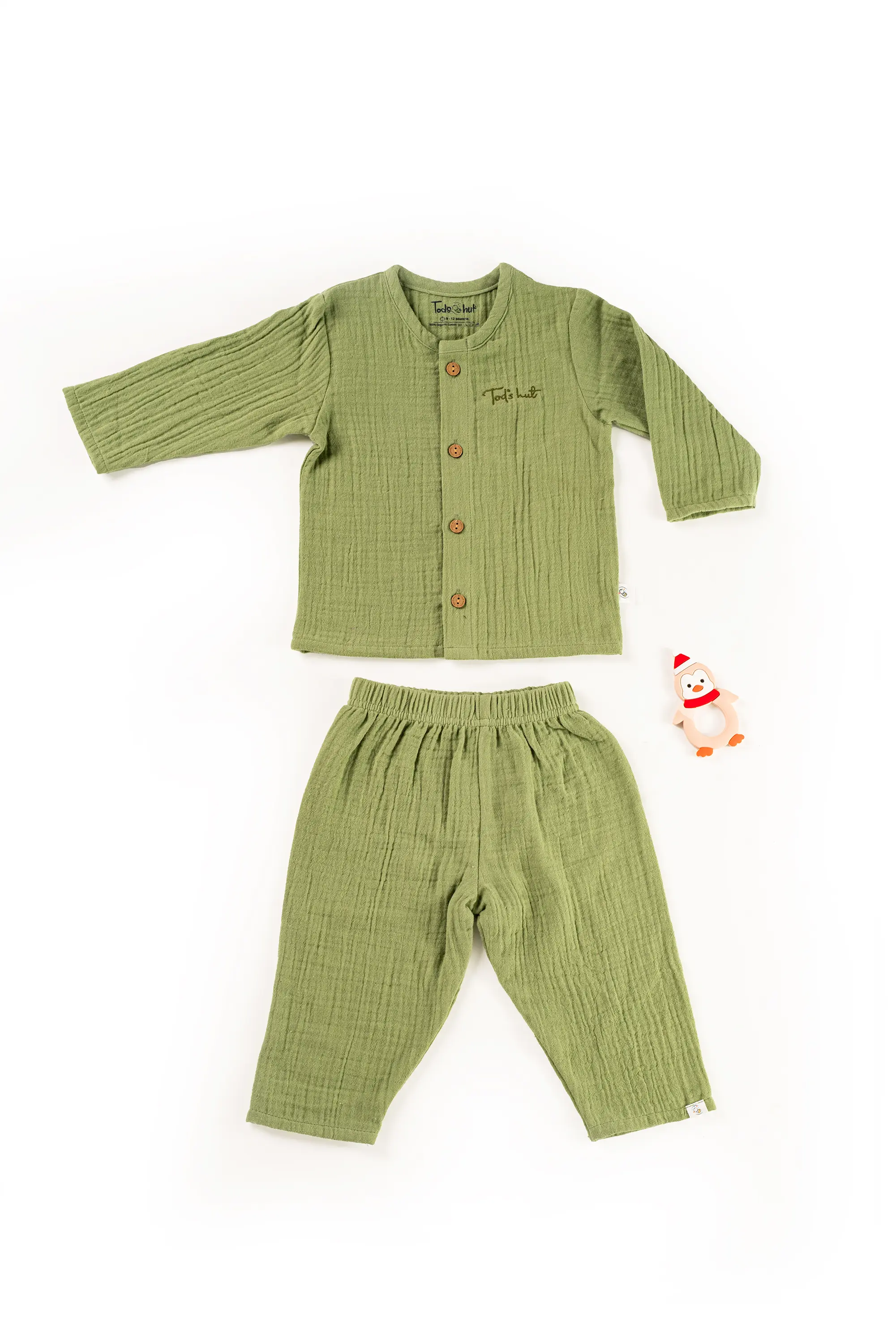 Crinkled Muslin Round Collar Unisex Full-Sleeve Night Dress Set