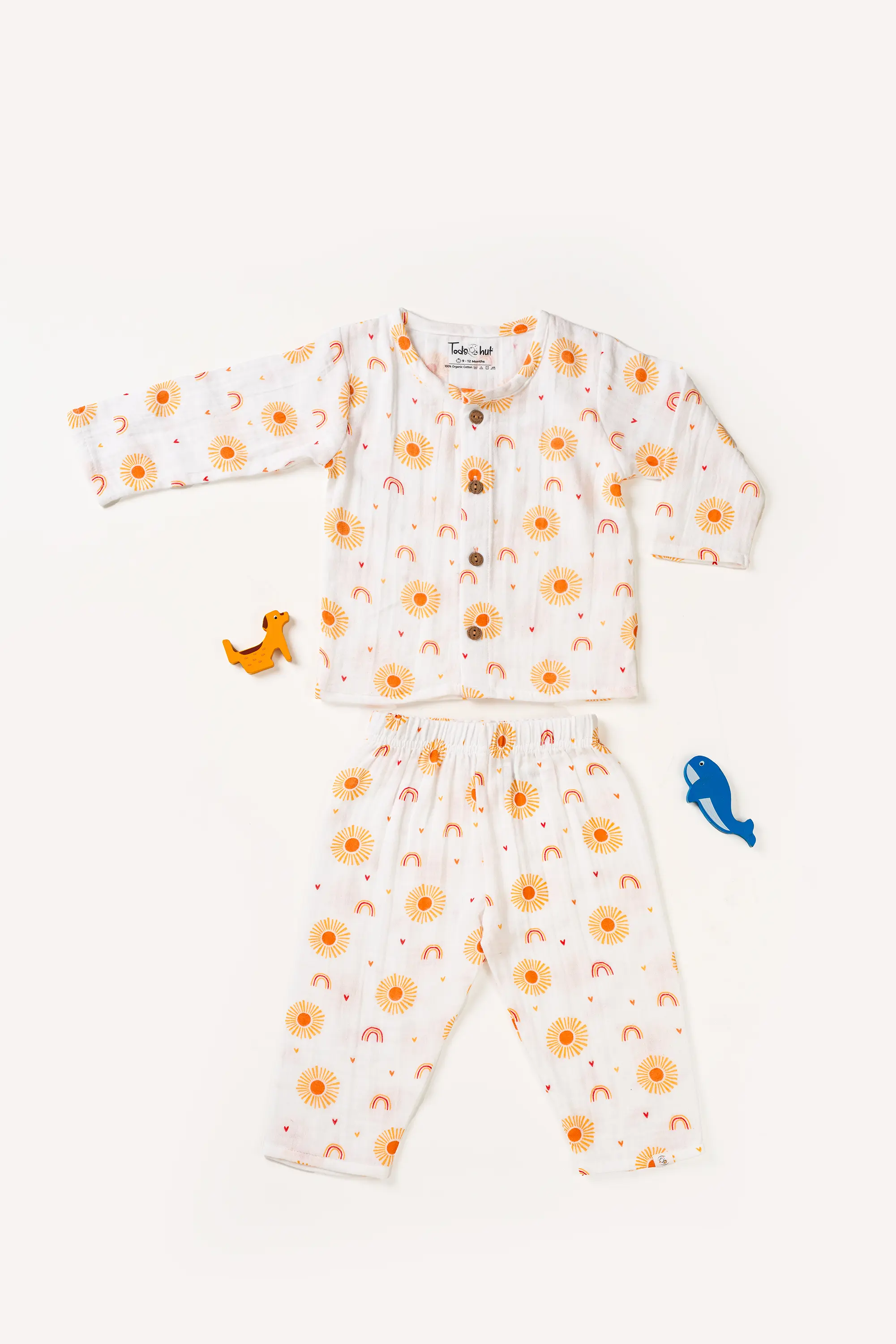 Crinkled Muslin Round Collar Unisex Full-Sleeve Night Dress Set