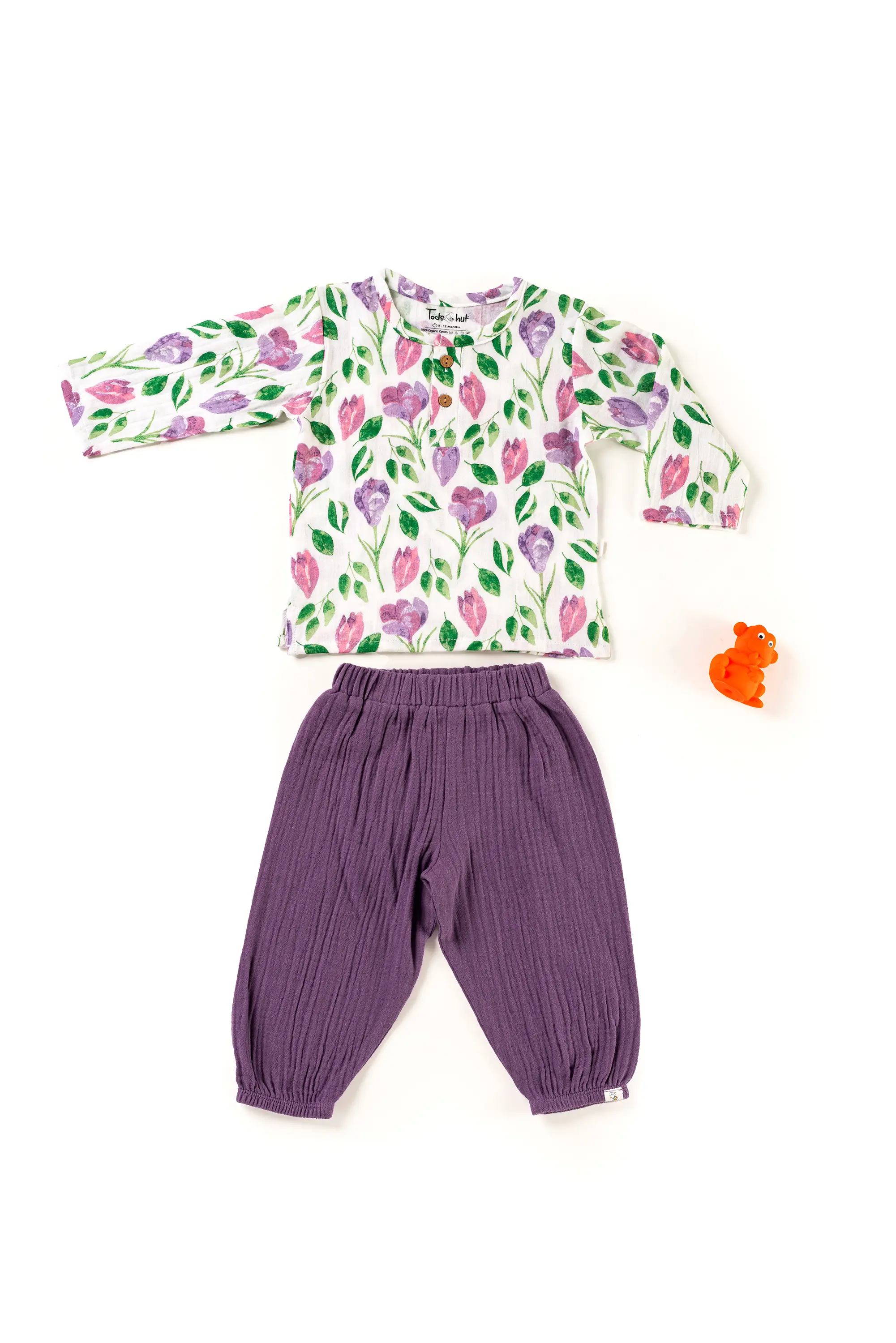 Crinkled Muslin Round Collar Full-Sleeve Casual Set