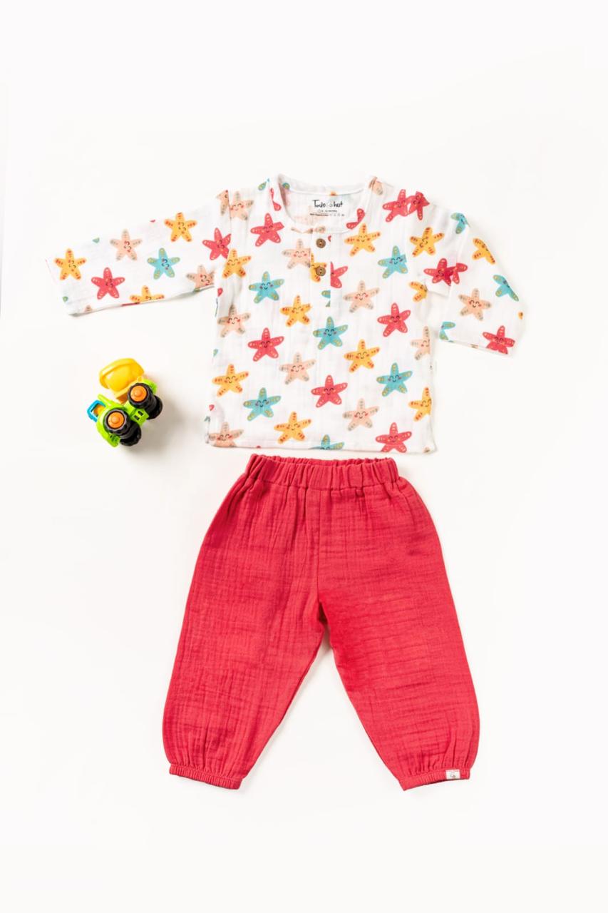 Crinkled Muslin Round Collar Full-Sleeve Casual Set