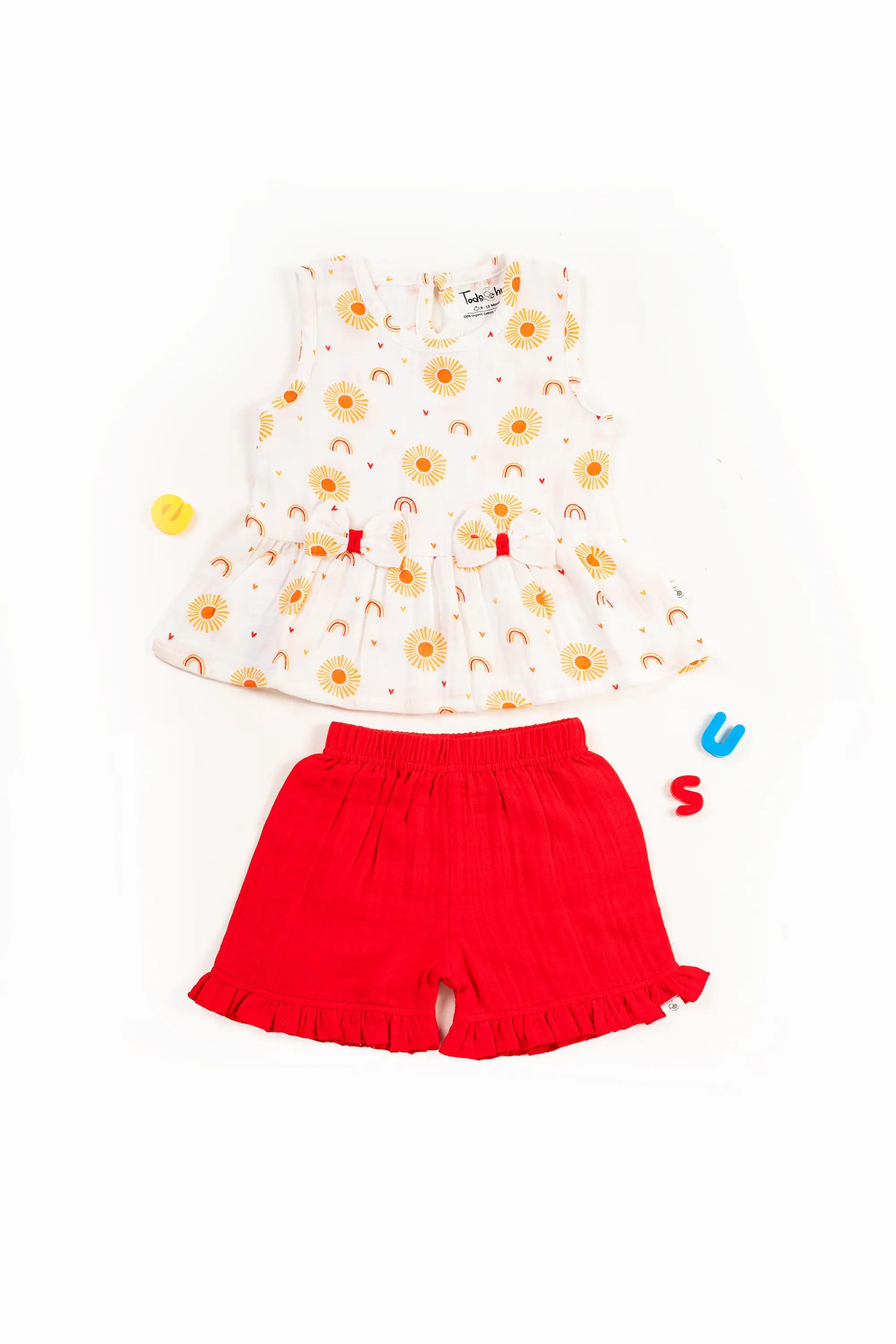 Crinkled Muslin Round Collar Bow Type Sleeveless Co-Ords Set