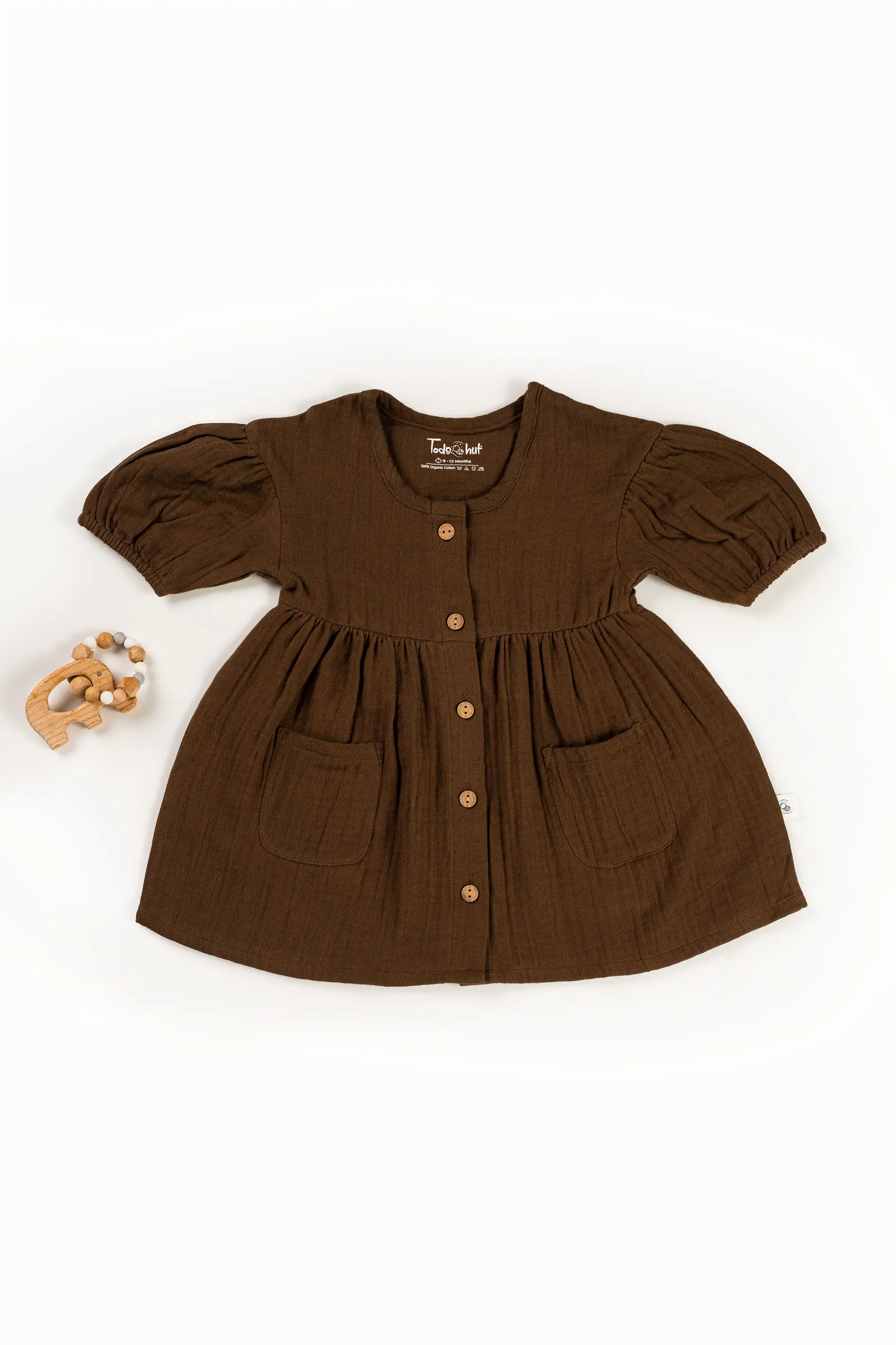 Crinkled Muslin Round Collar Puff-Sleeve Button Type Frock