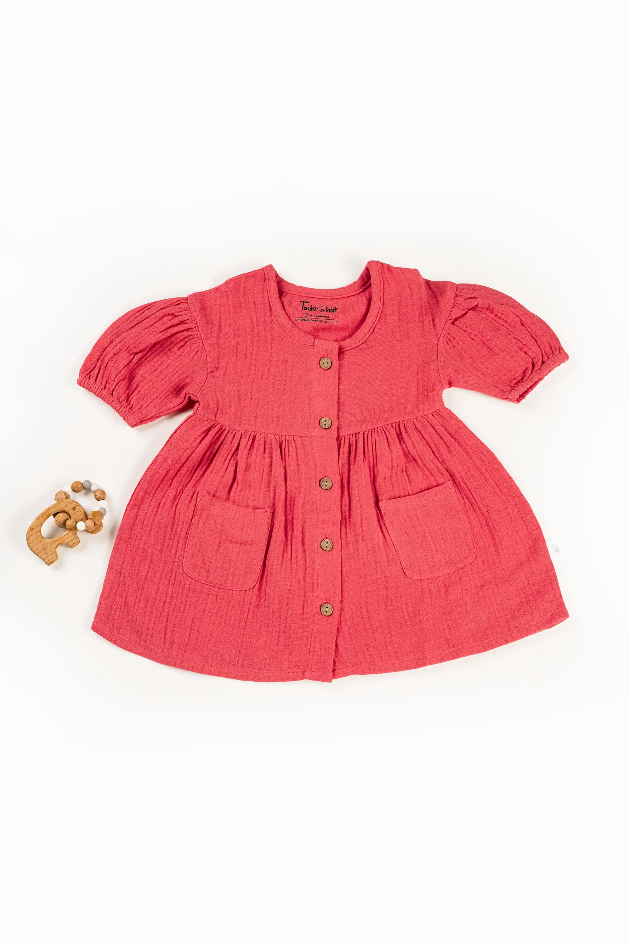 Crinkled Muslin Round Collar Puff-Sleeve Button Type Frock