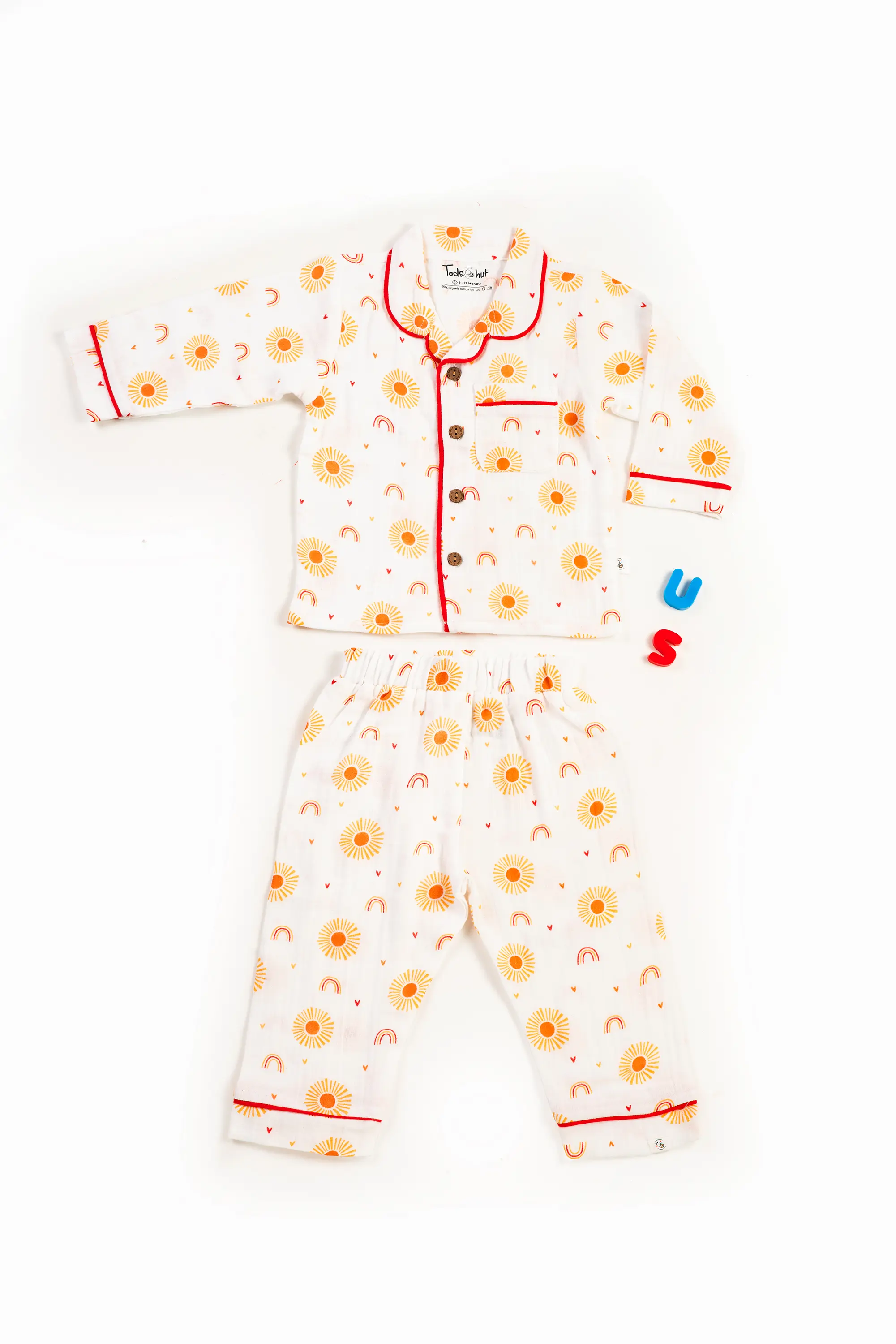 Crinkled Muslin Unisex Collar  Full-Sleeve Pyjama Set