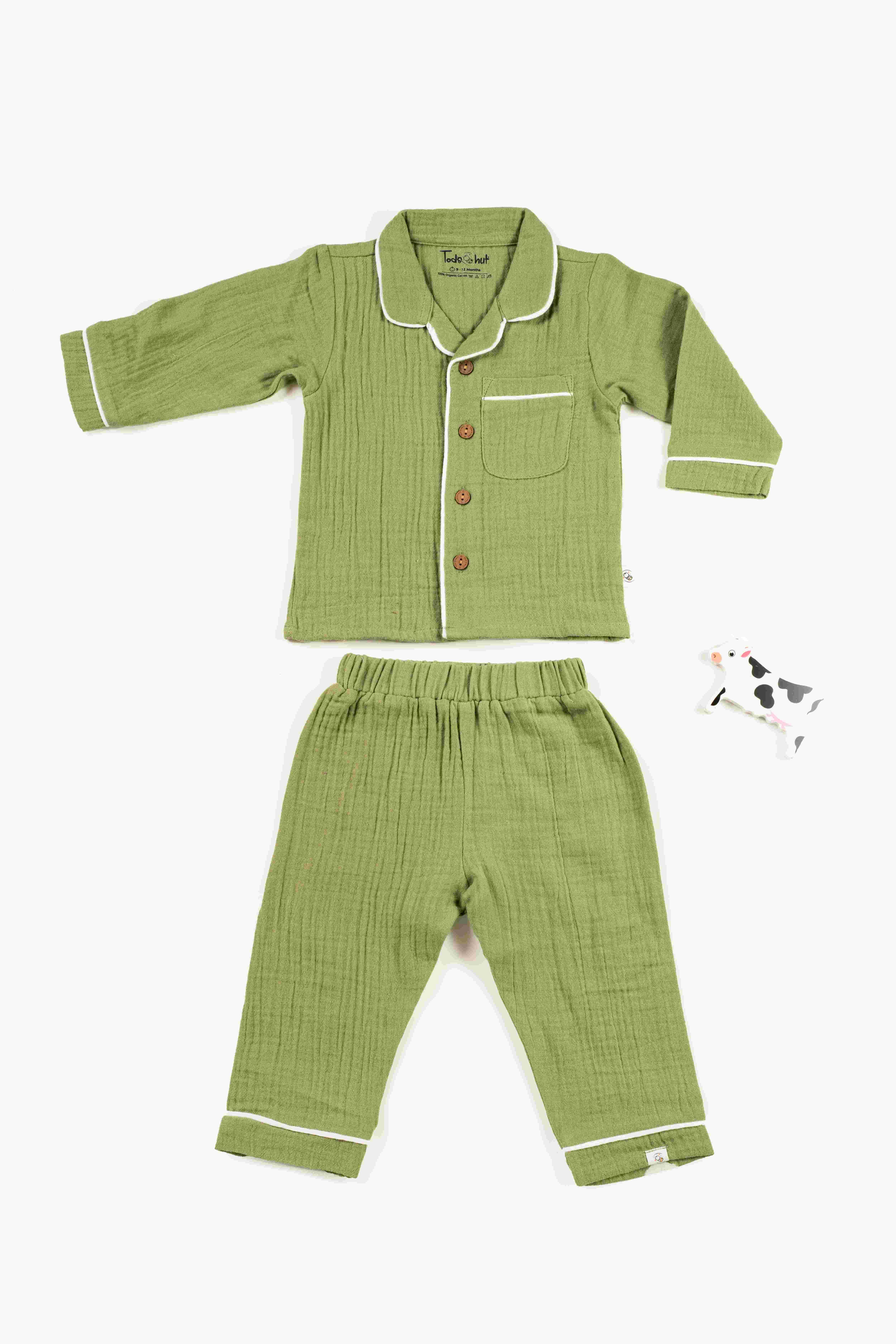 Crinkled Muslin Unisex Collar  Full-Sleeve Pyjama Set