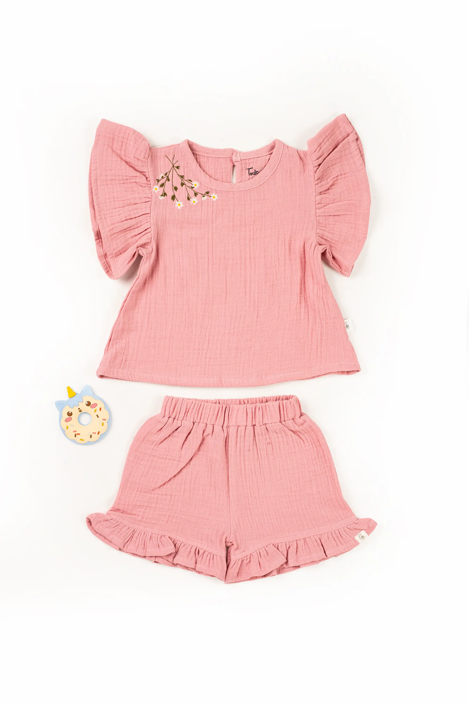 Crinkled Muslin Boat Neck Frill-Sleeve Co-Ords Set