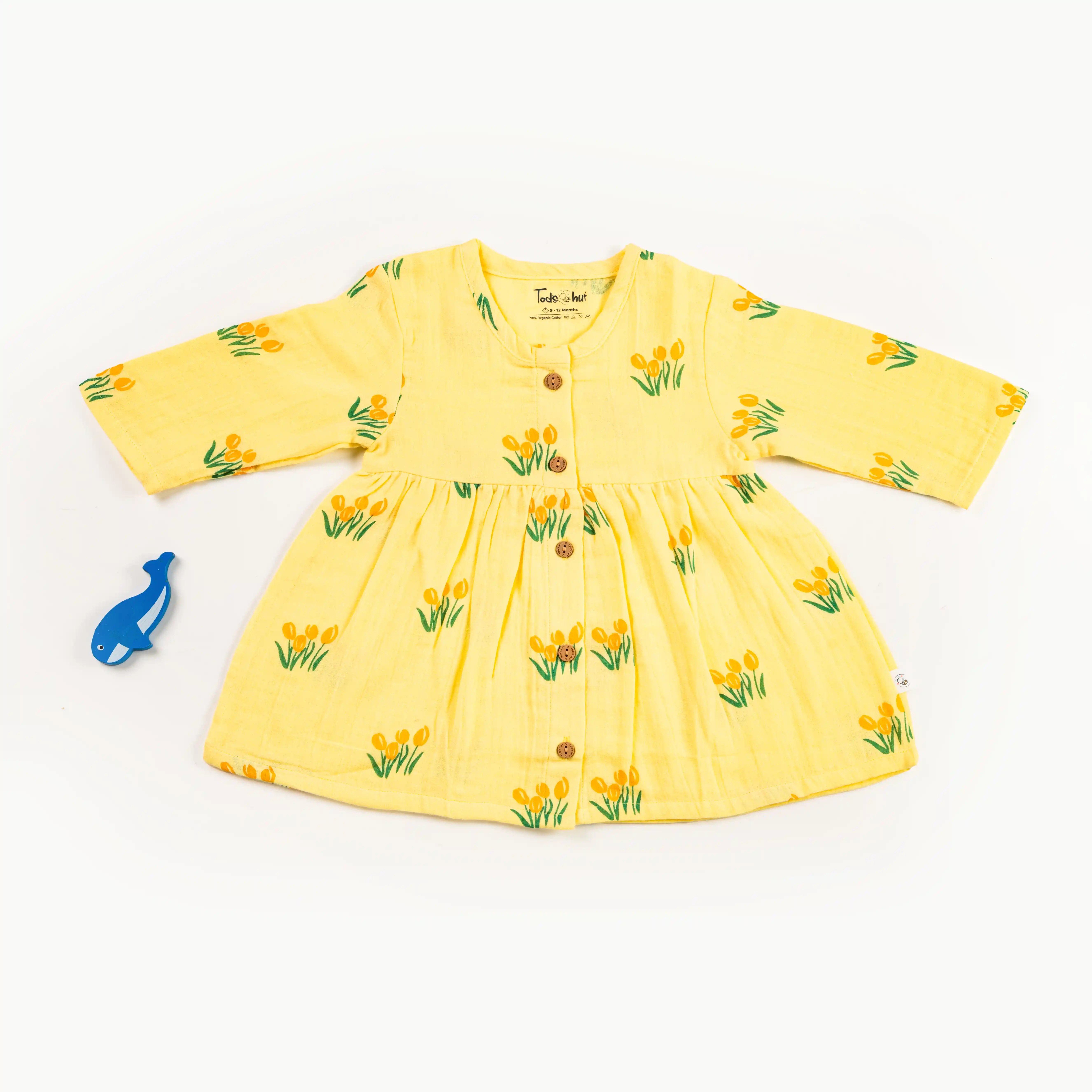 Button Type Frock | Full Sleeve | Round Collar | Soft, Breathable, Gentle on Skin | 100% Muslin Cotton | Premium Crinkled Muslin Cotton