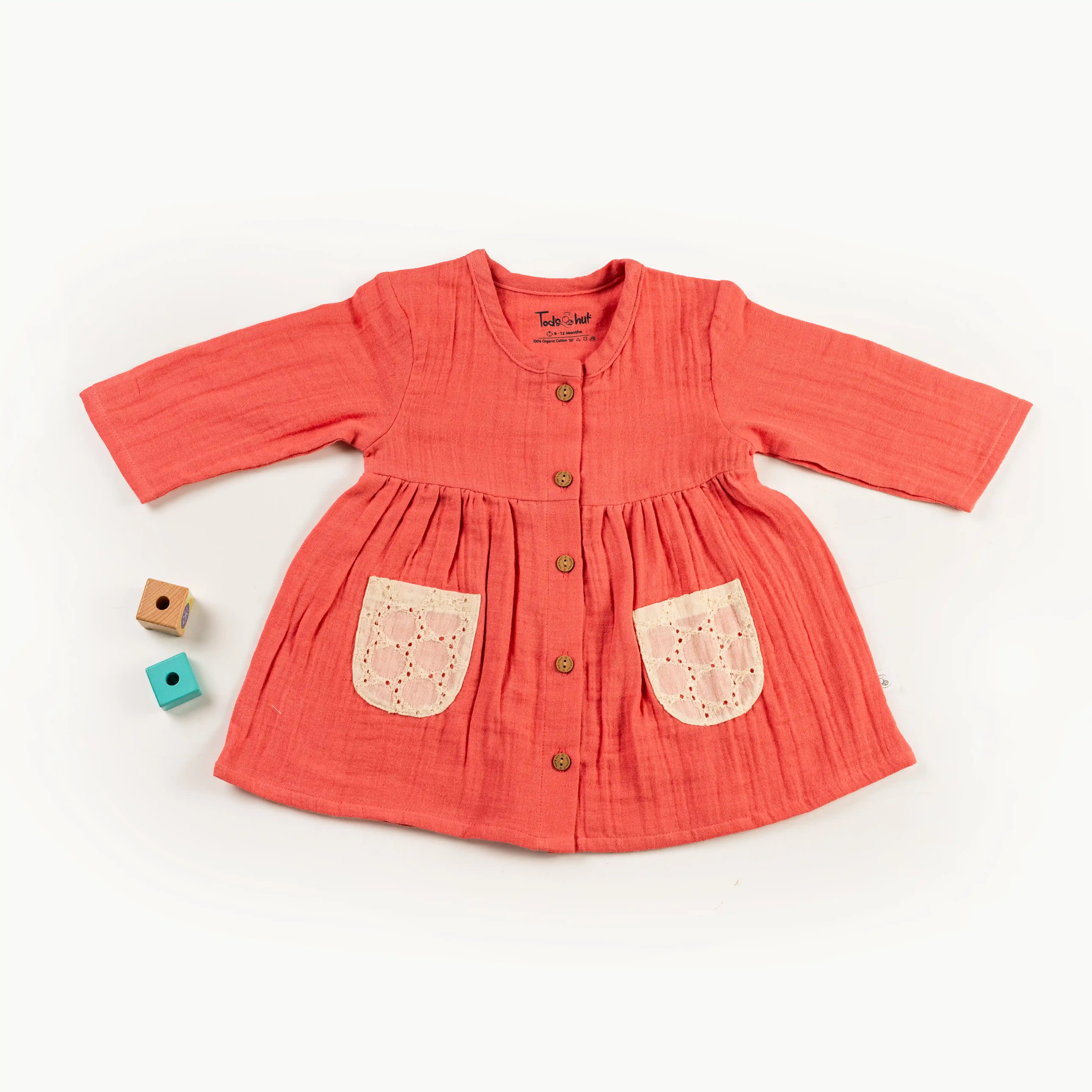 Hakoba Button Type Frock | Full Sleeve | Round Collar | Airy, Delicate, Breathable | 100% Muslin Cotton | Premium Crinkled Muslin Cotton