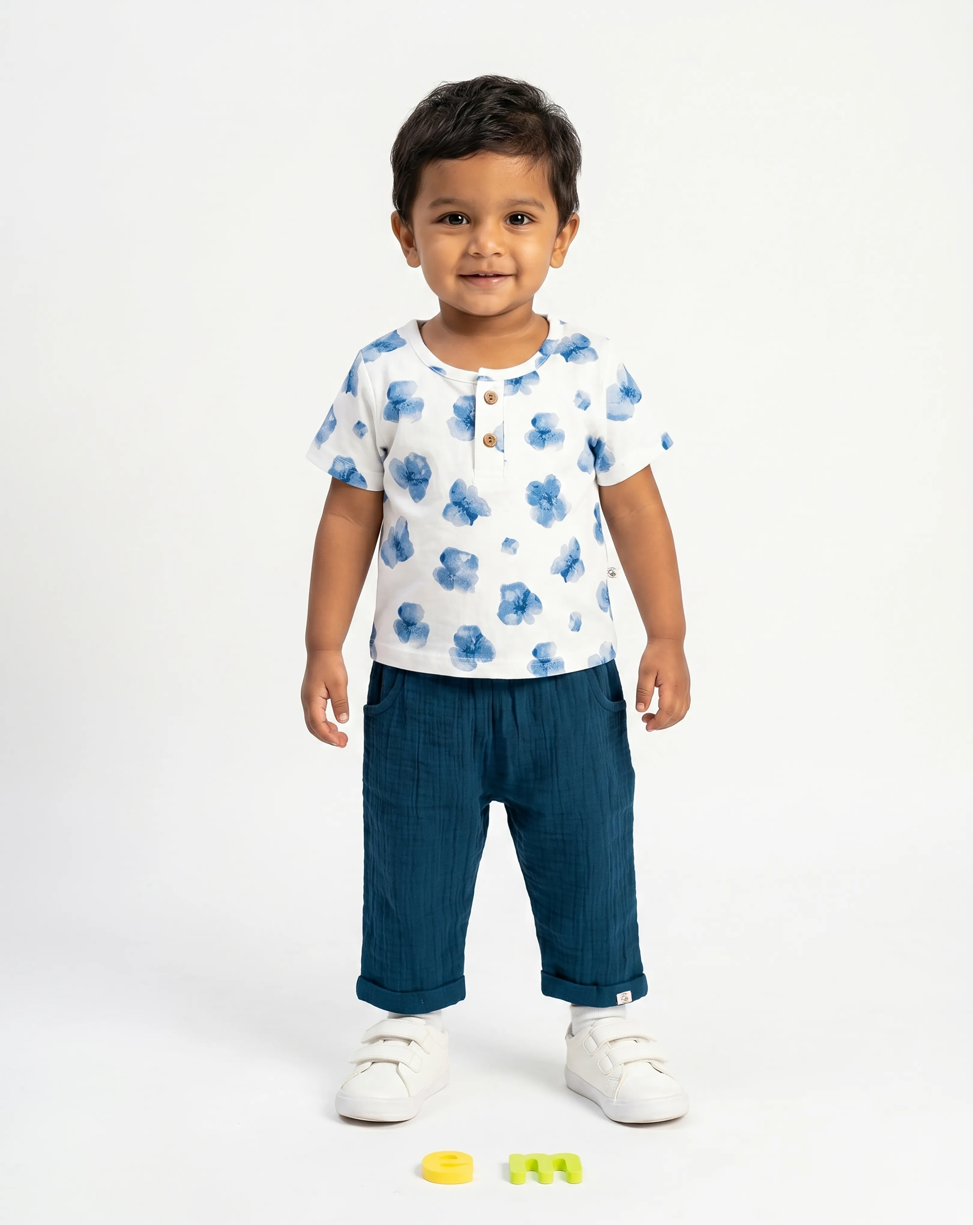 Crinkled Muslin  Round Collar Half-Sleeve Casual Set