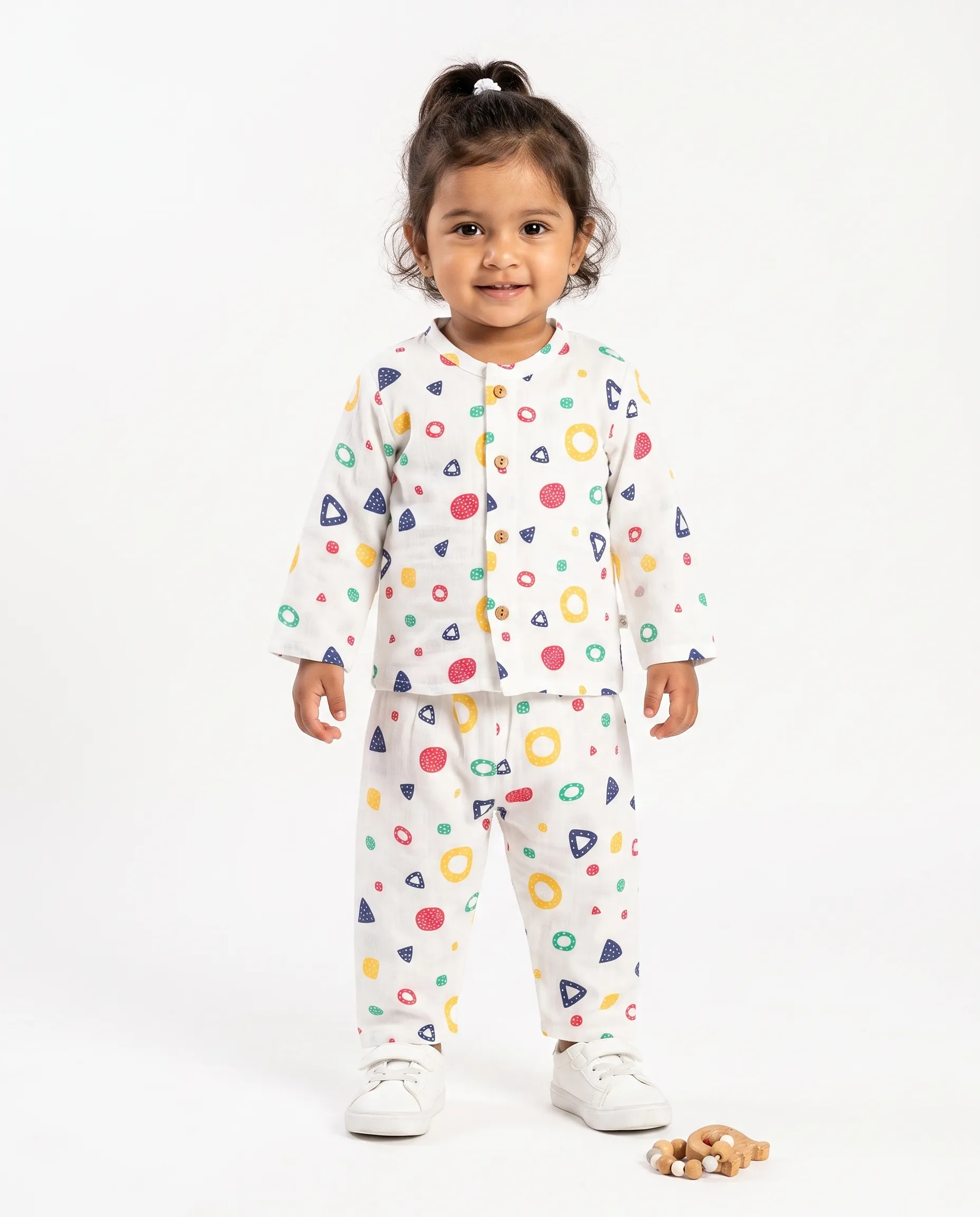 Crinkled Muslin Night Dress Round Collar Full-Sleeve