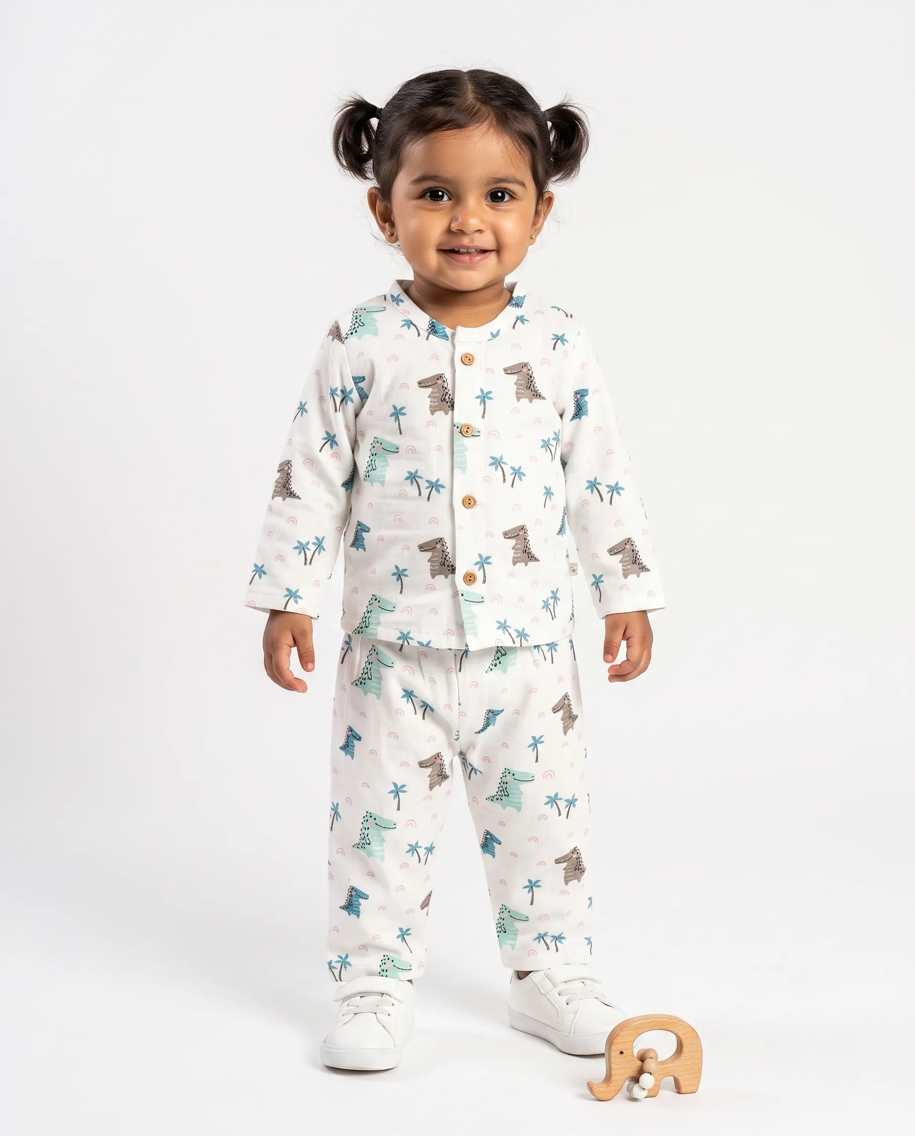 Crinkled Muslin Night Dress Round Collar Full-Sleeve