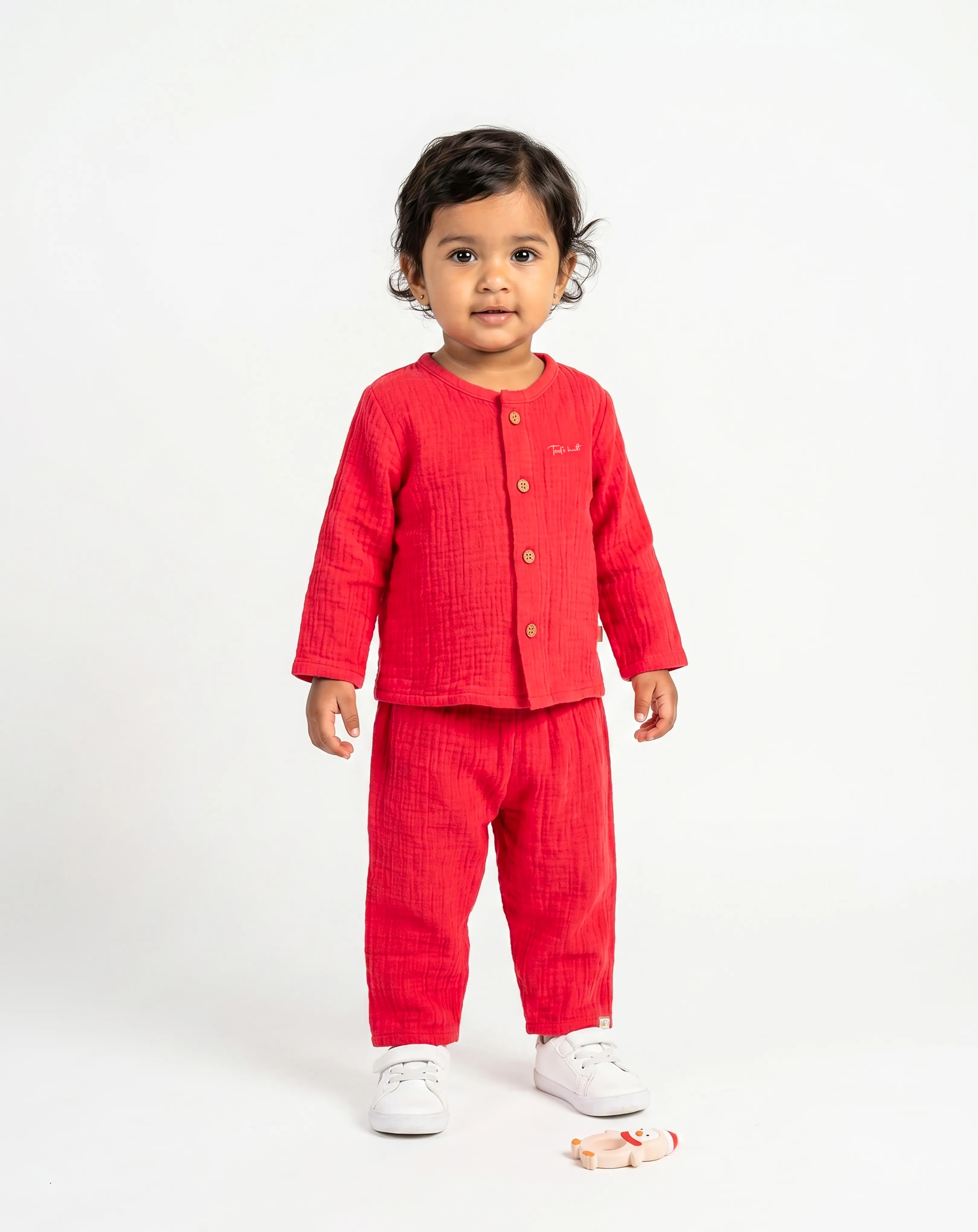 Crinkled Muslin Night Dress Round Collar Full-Sleeve