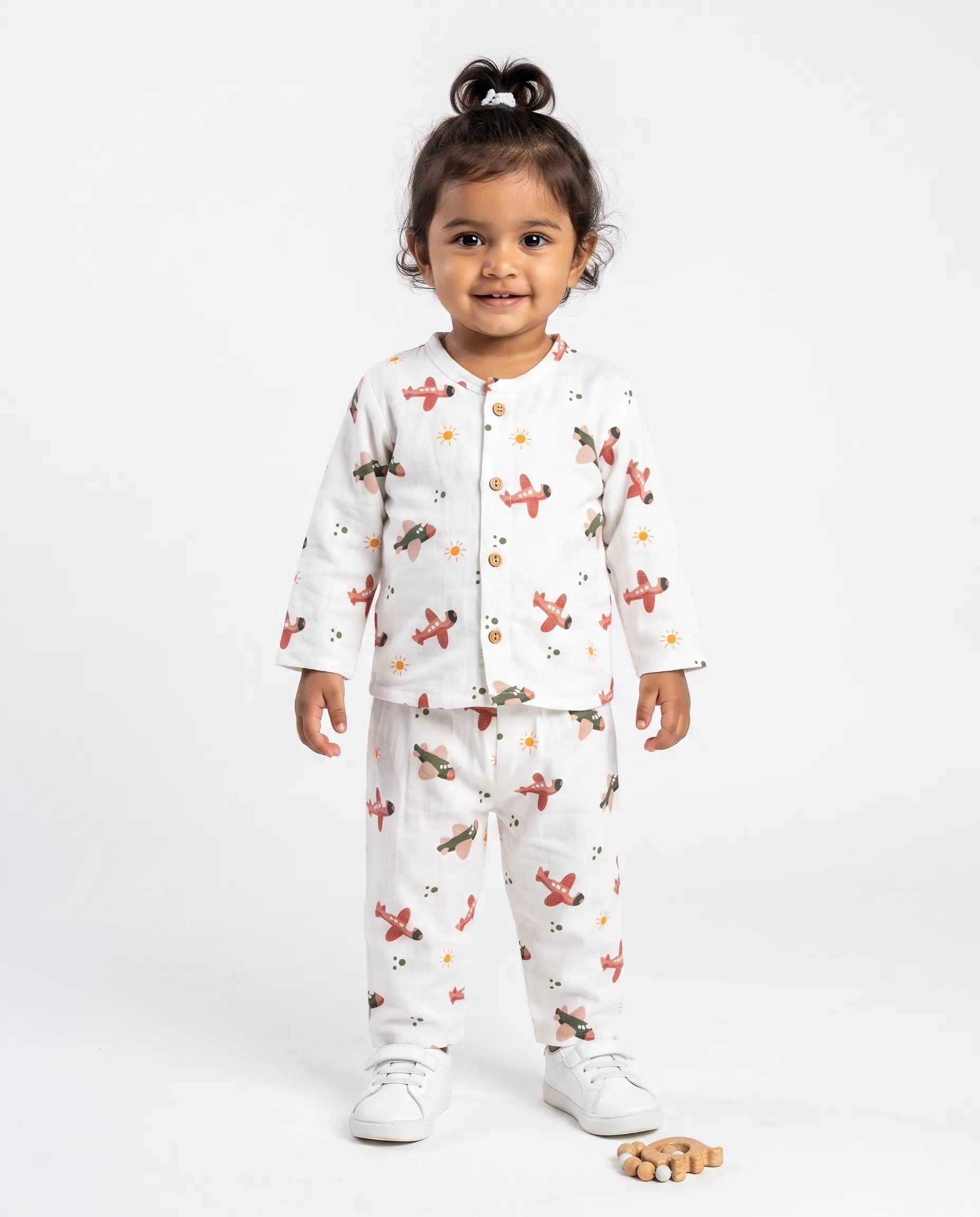 Crinkled Muslin Night Dress Round Collar Full-Sleeve