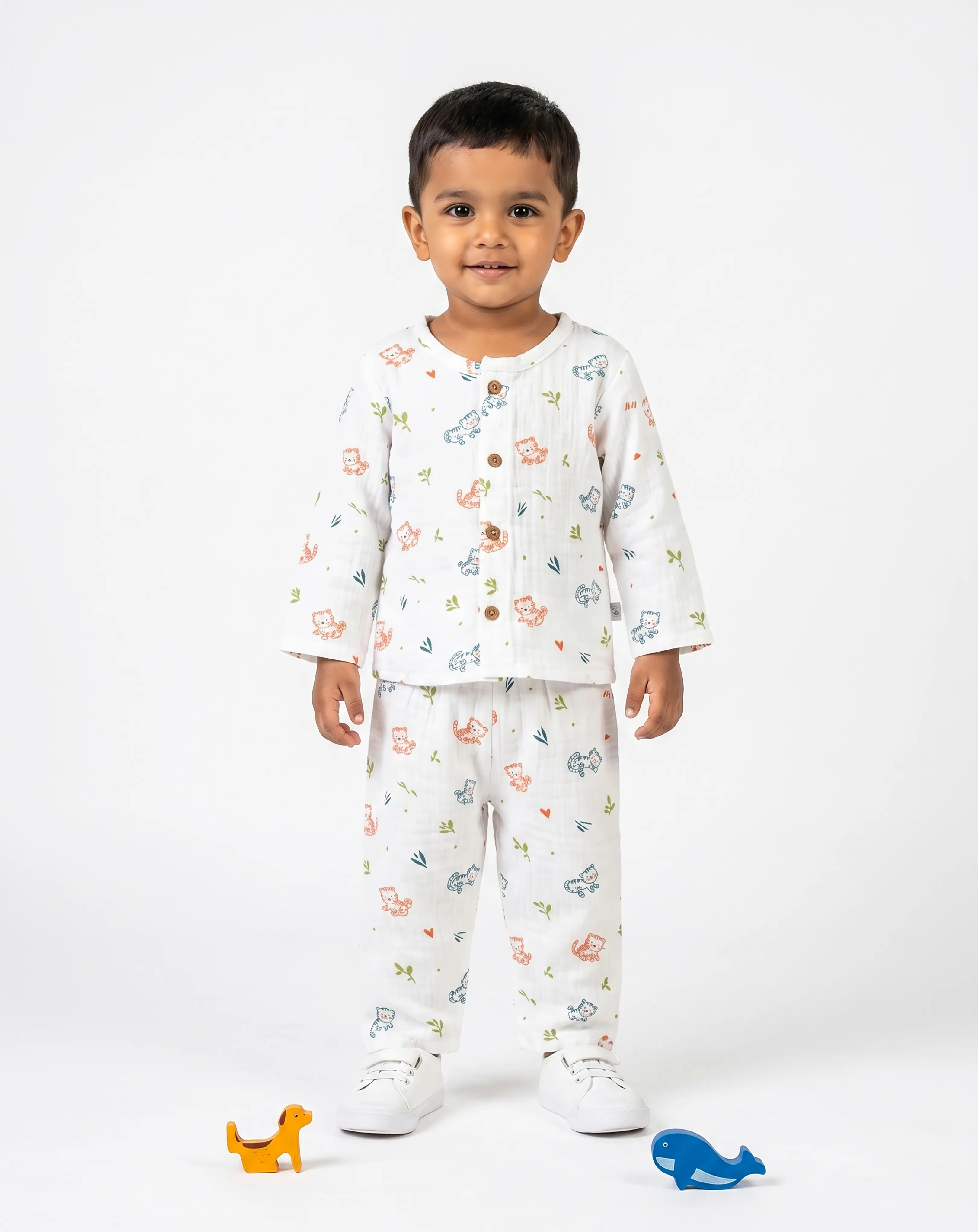 Crinkled Muslin Night Dress Round Collar Full-Sleeve