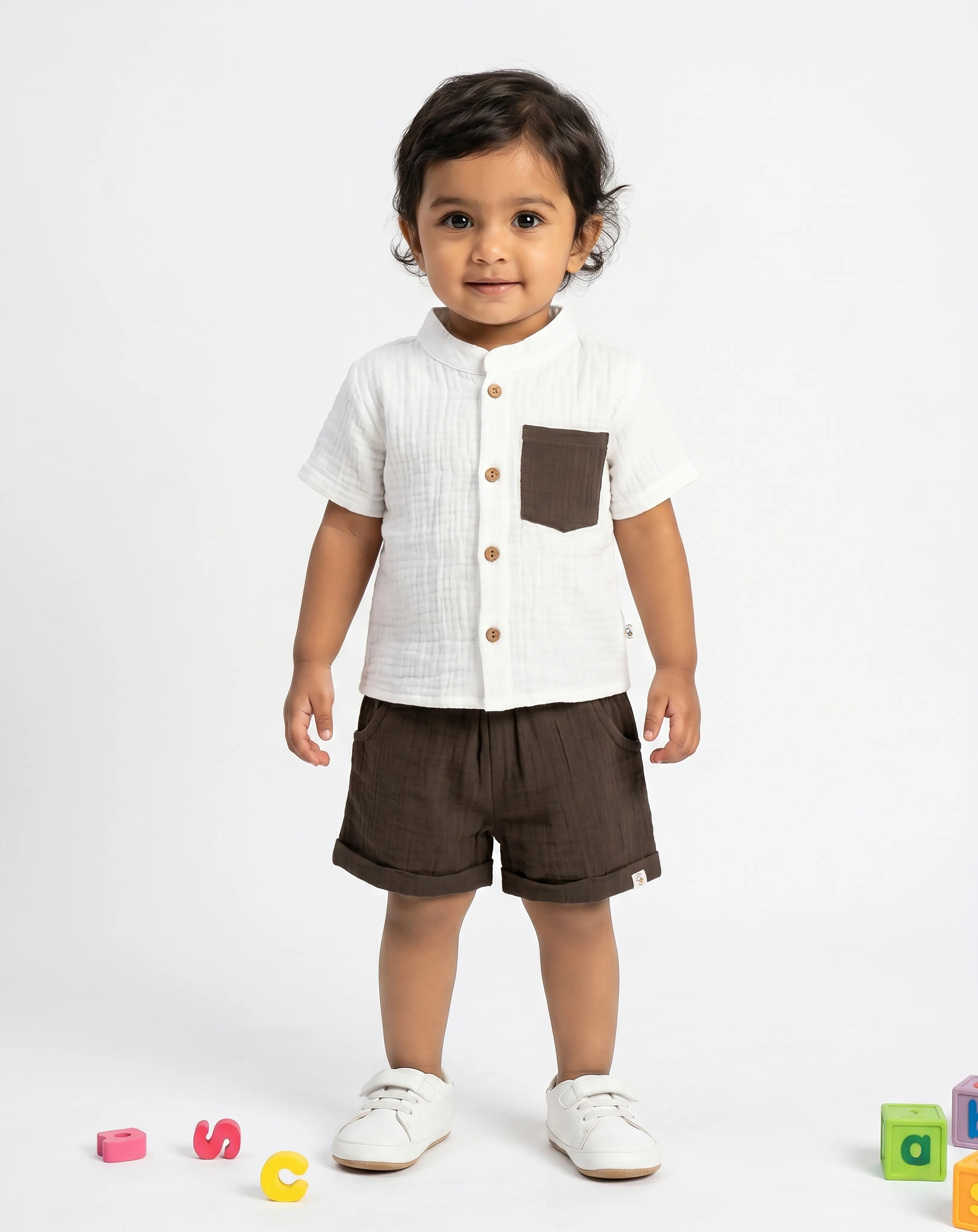 Crinkled Muslin Chinese Collar Half-Sleeve Casuals