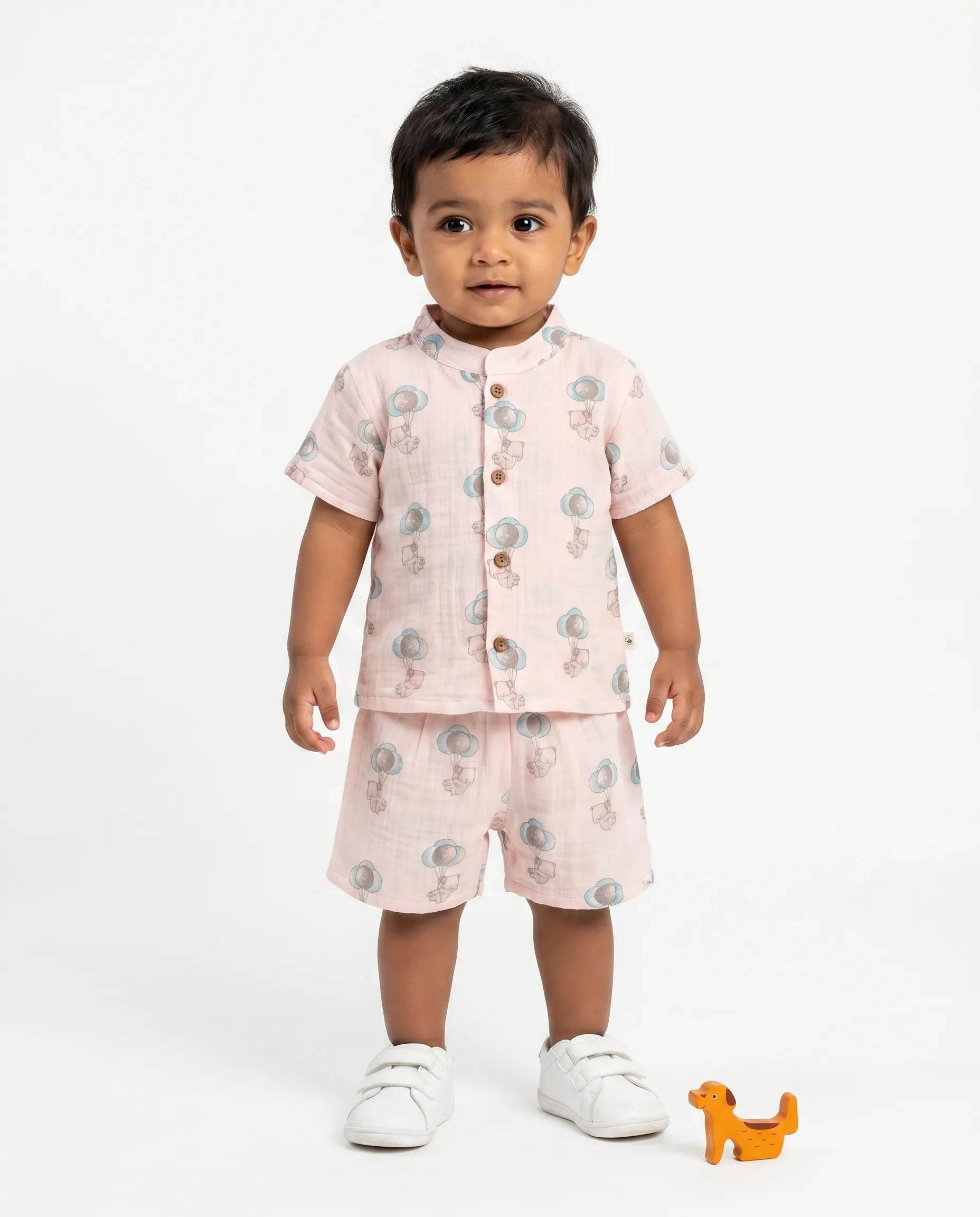 Crinkled Muslin Chinese Collar Half-Sleeve Co-Ords Set
